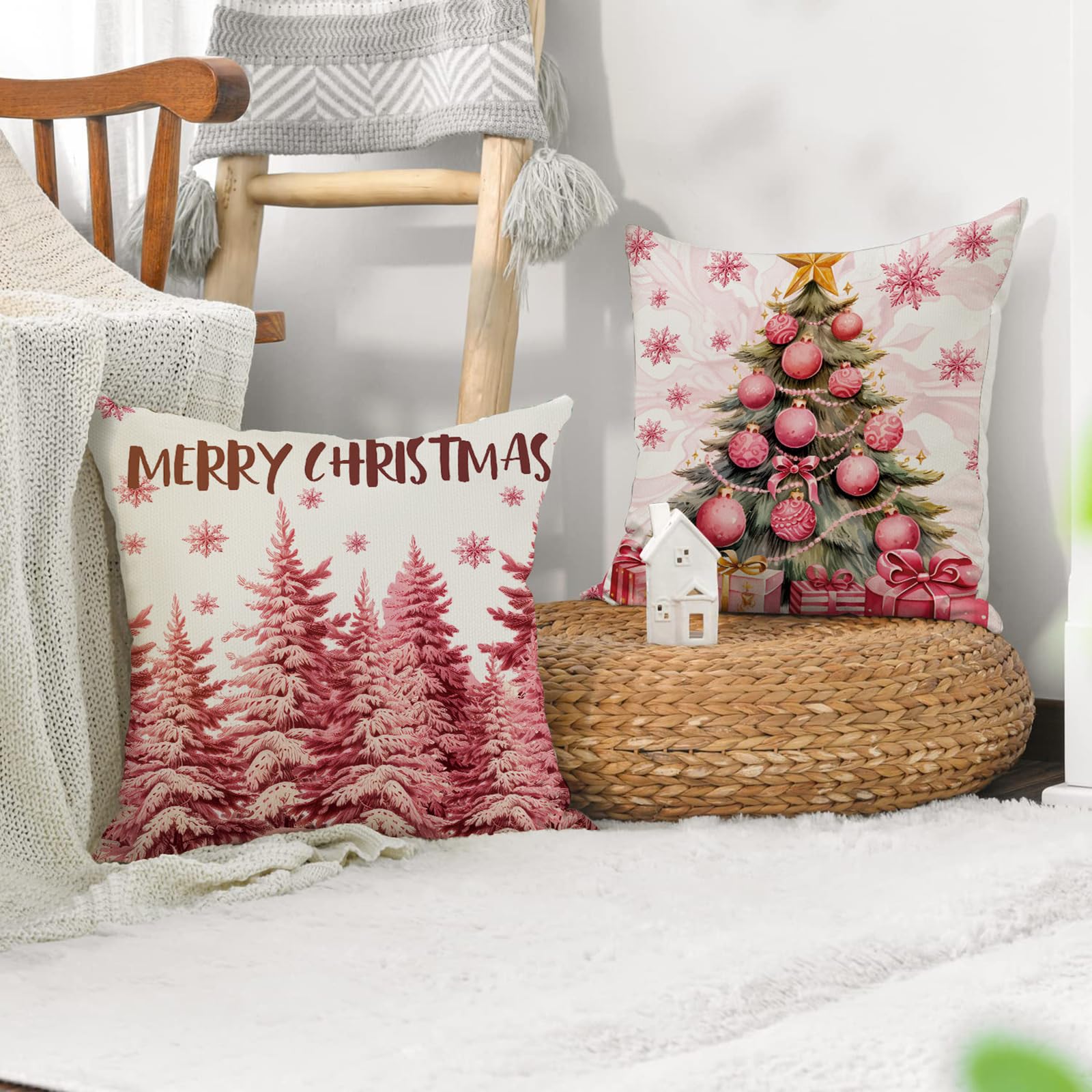 ESSECMBS 4Pcs Christmas Throw Pillow Covers 18 * 18inch Pink Cartoon Christmas Couch Pillow Cases Sofa Pillow Protectors Winter Holiday Home Decorations (4PCS B - Image 3