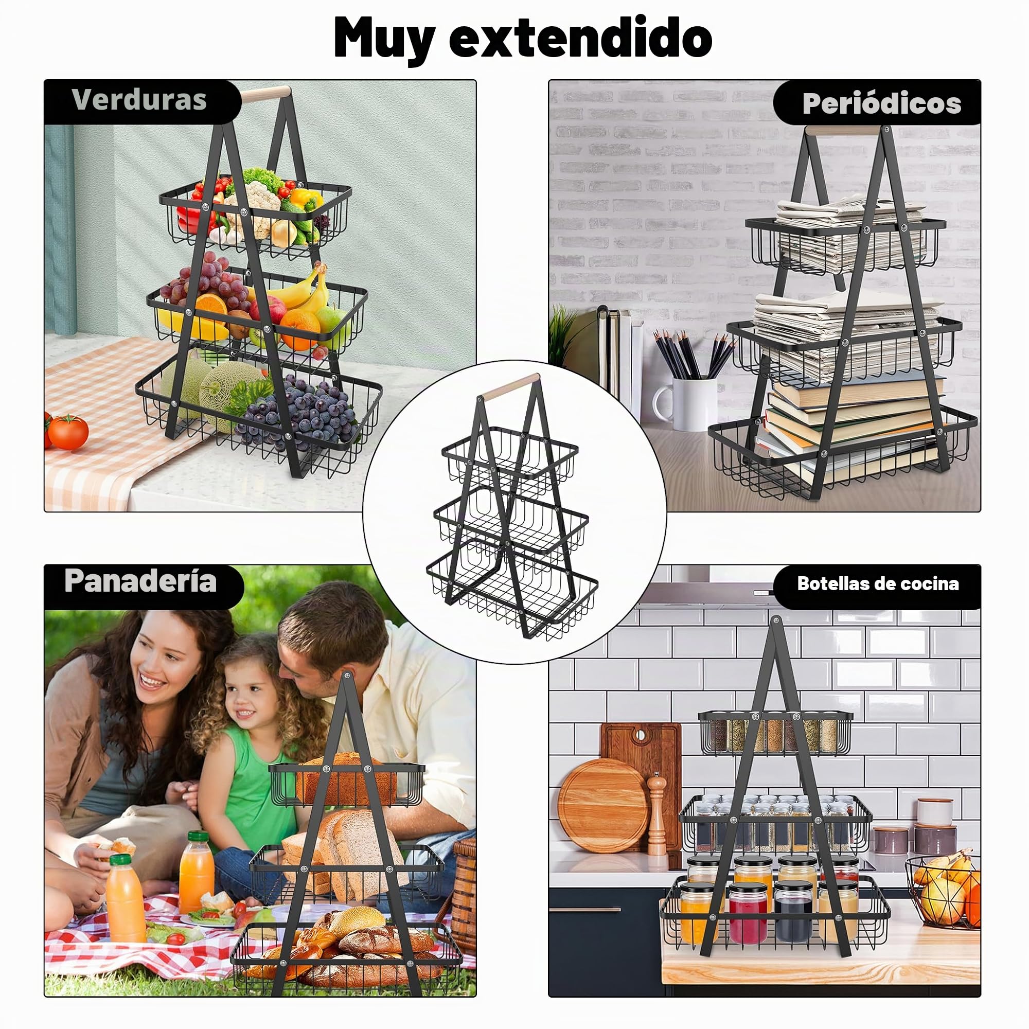 UISEBRT Frutero de 3 pisos, cesta de frutas de metal, bandeja de frutas extraíble, soporte para cocina, cesta de almacenamiento con mango de madera, cesta de pan, estante para verduras, cesta para