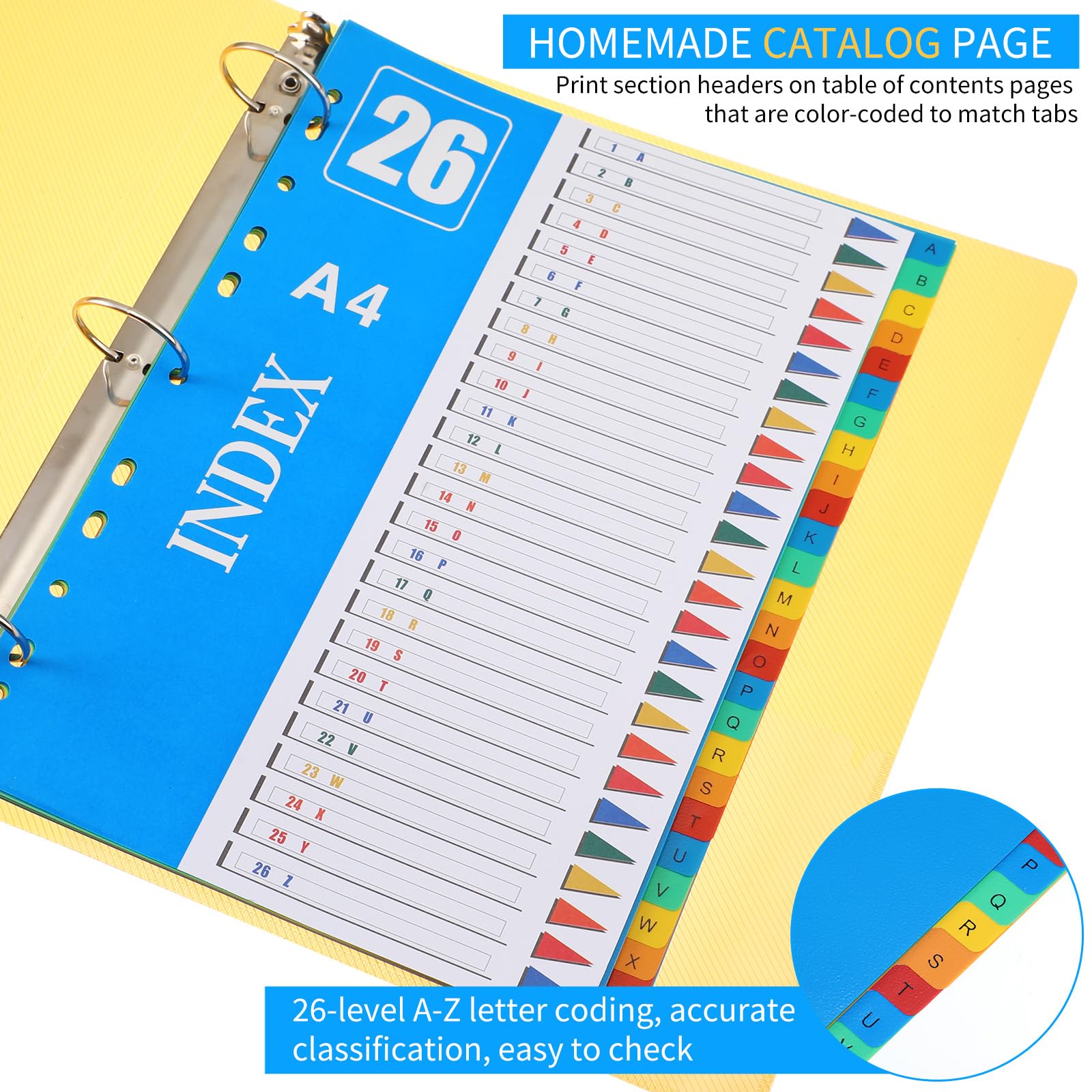 Yeaqee Lot de 6 intercalaires en plastique à 3 anneaux avec onglets multicolores - Intercalaires alphabétiques très résistants - Intercalaires colorés de A à Z pour lire des cahiers et classer des