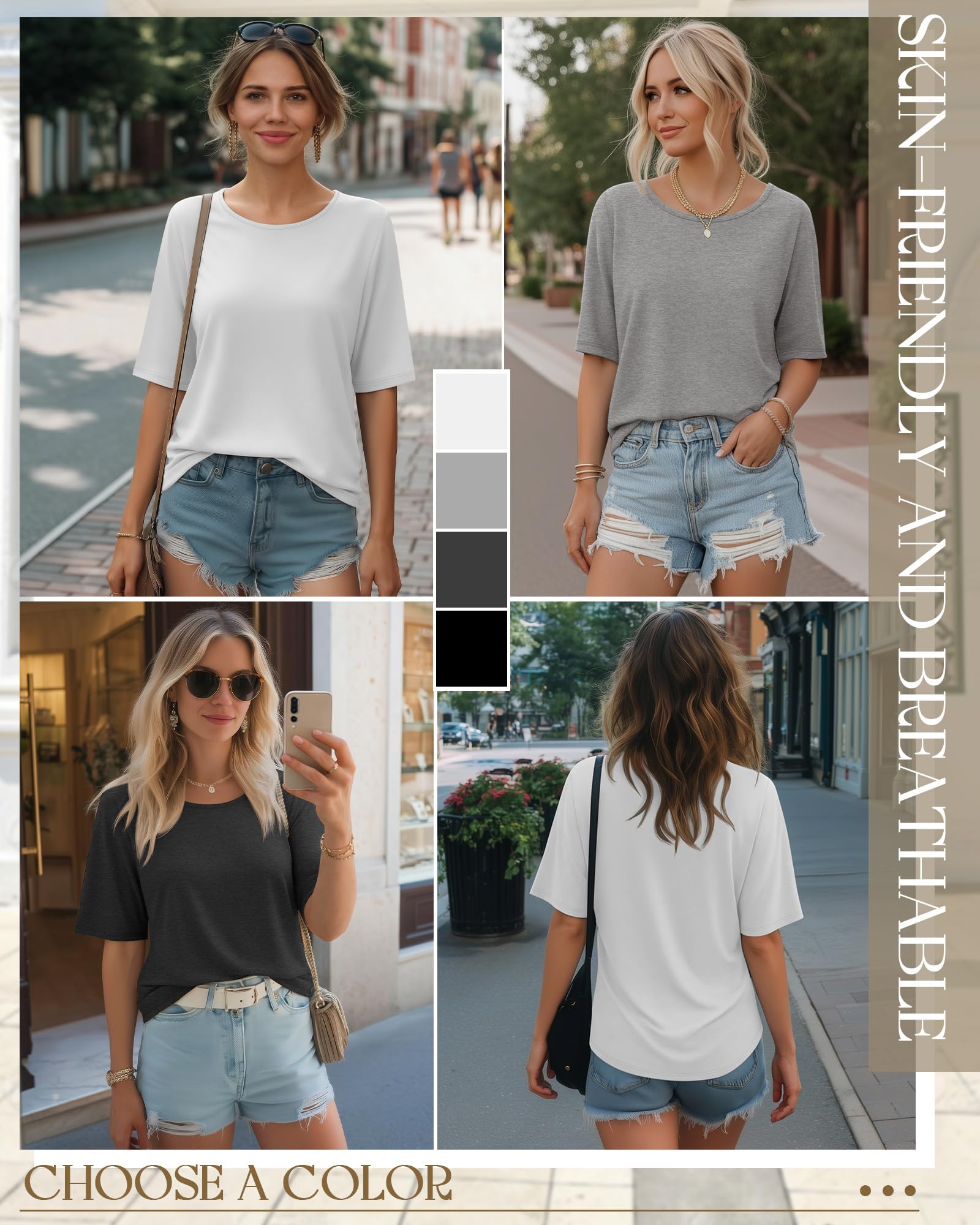 Neer Lot de 4 T-Shirts à Manches Courtes pour Femmes, Longueur Coude, Col Rond, Basiques en Coton, Blouses d'Été
