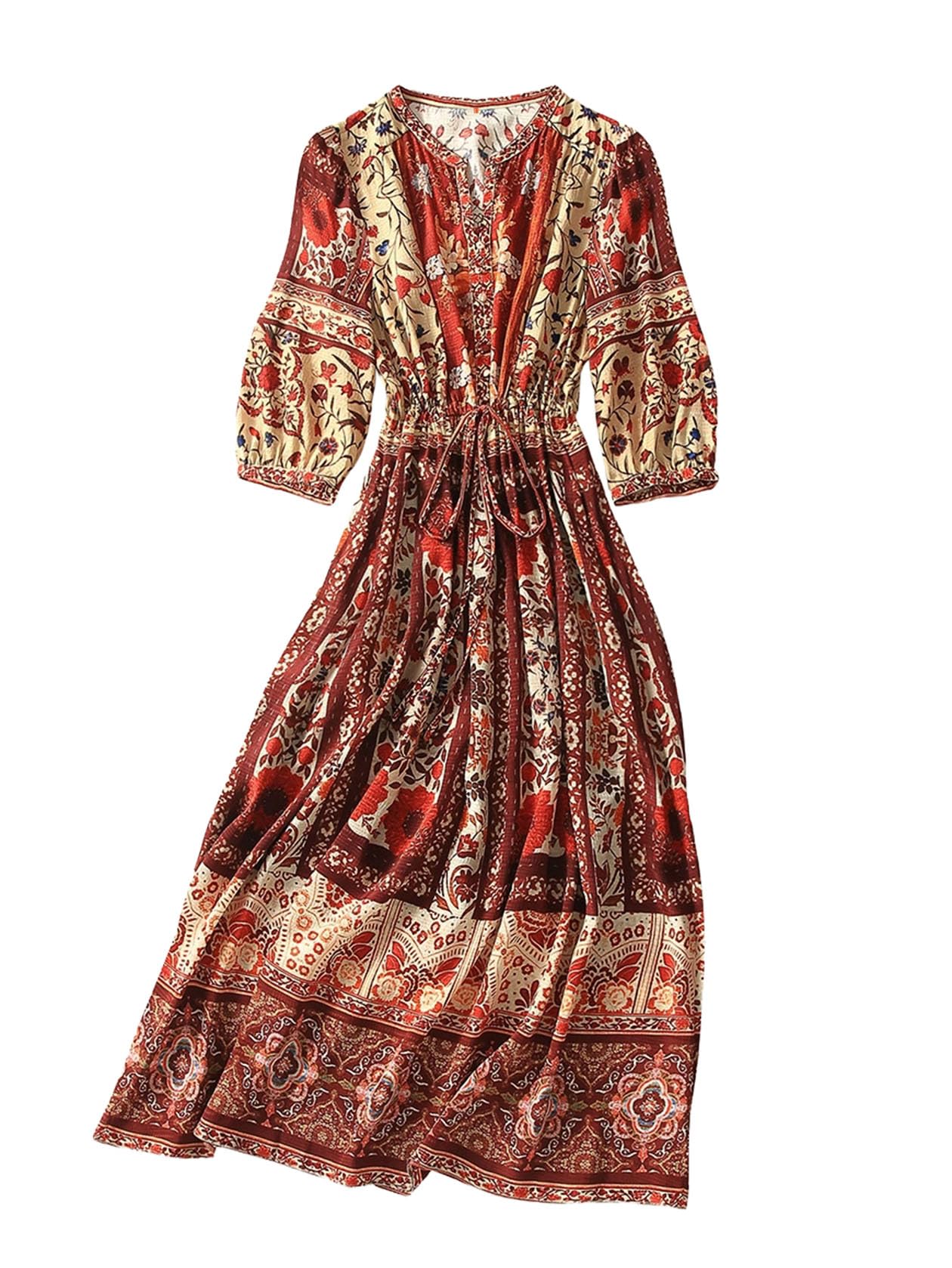 HangErFeng Vestido de seda para mujer, acampanado, estampado floral, manga abombada, midi 5118