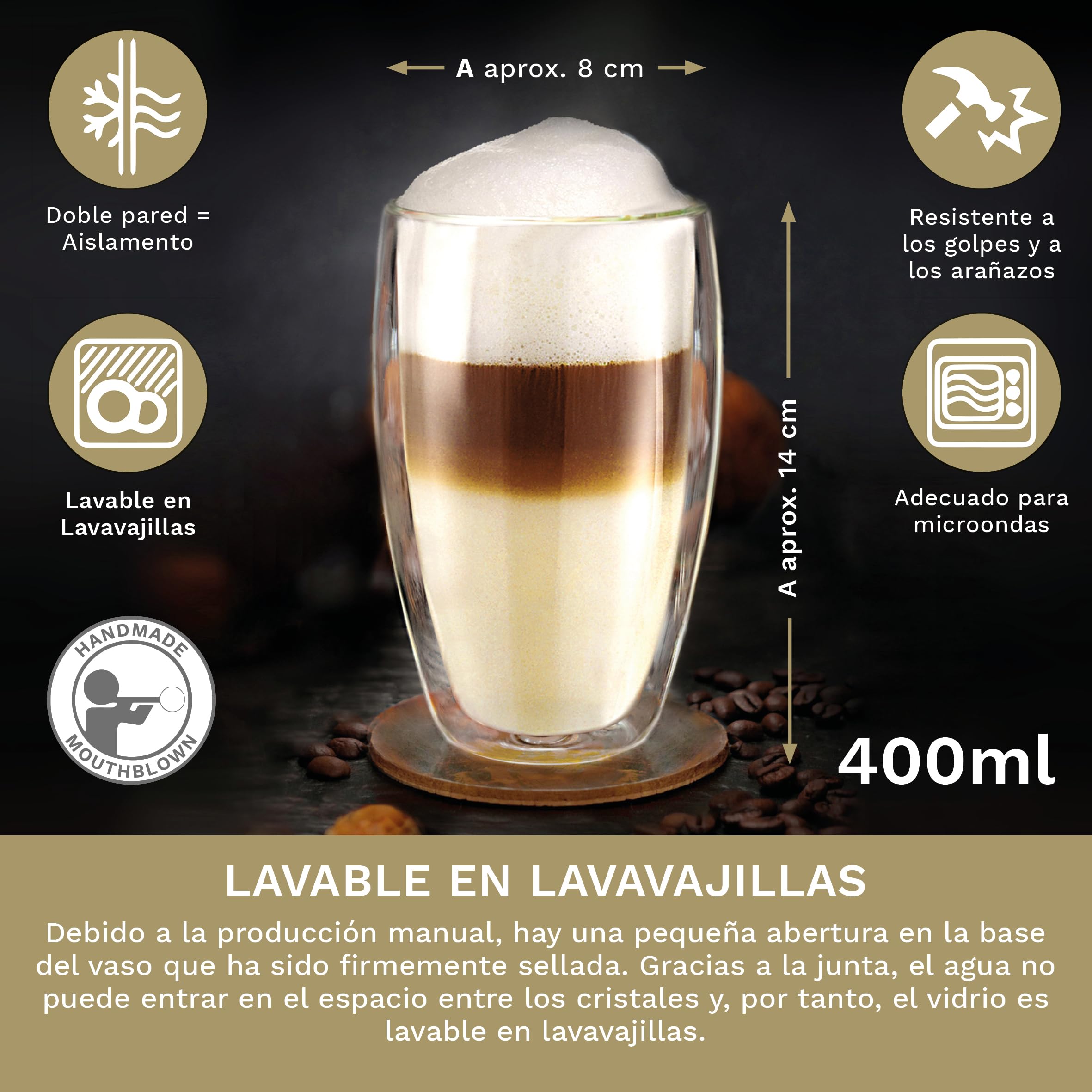 Creano Vasos de Doble Pared „Súper Altos“ de Vidrio de Borosilicato Aislantes para Café y Té 400ml – Juego de 6 Vasos