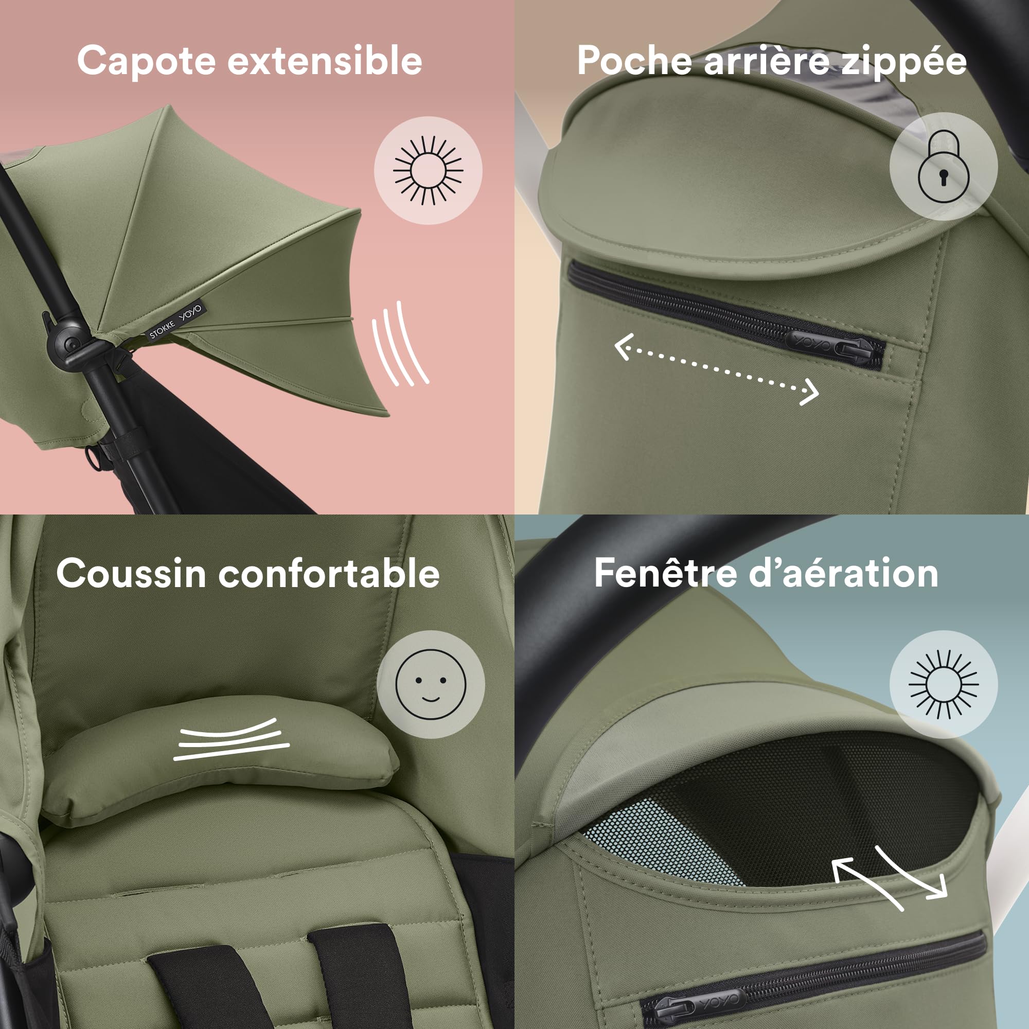 Stokke YOYO Pack couleur 6+ Olive - Textiles : Coussin d’assise, capote extensible avec fenêtre et pochette arrière zippée