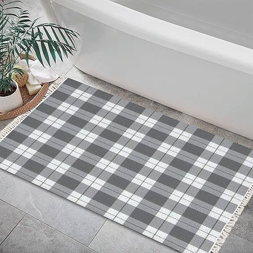 Miniatura 4 de Alfombra bohemia de color blanco y gris, simple escocesa escocesa, a cuadros, con flecos, para decoración de habitación de niños y niñas, con