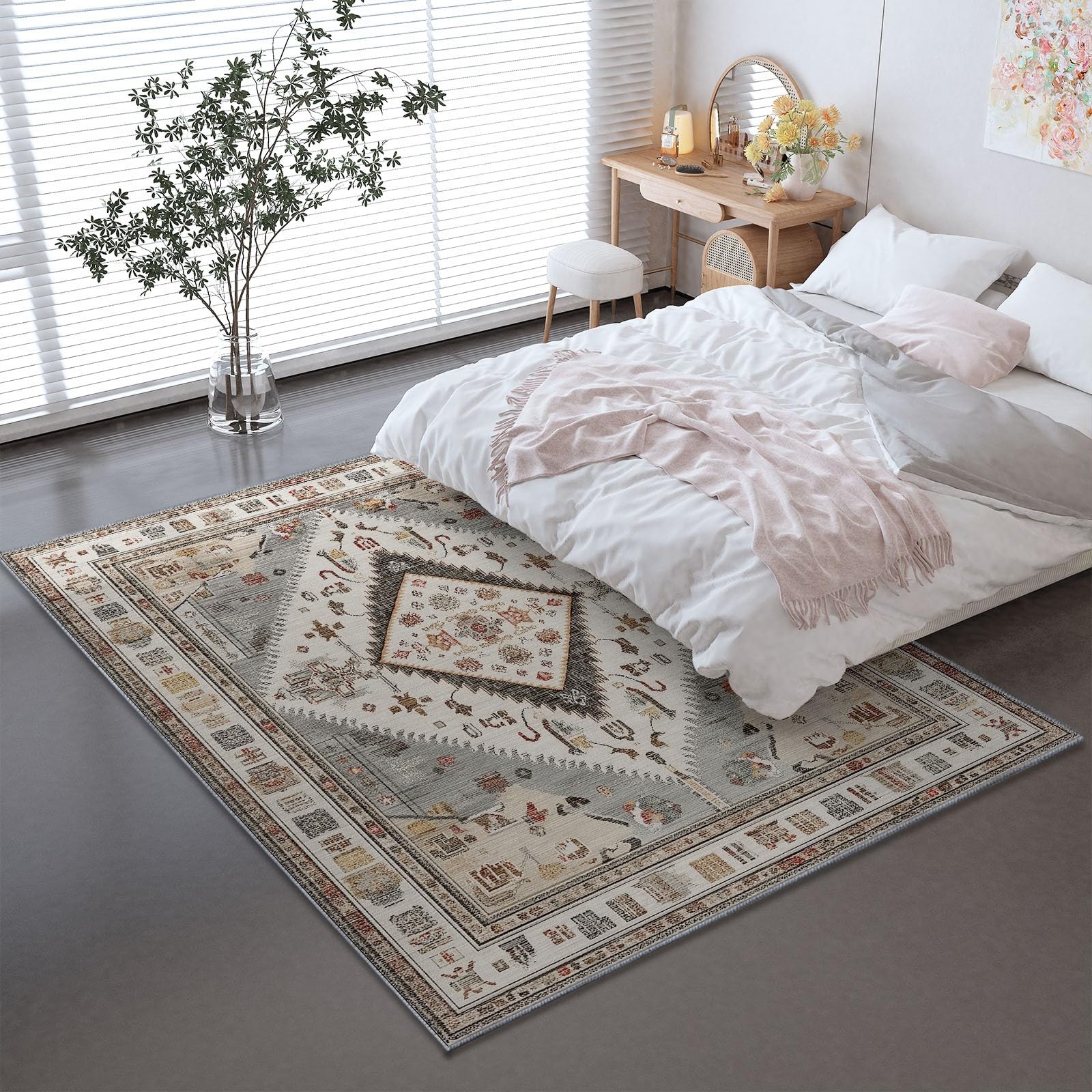 Niedriger Stapel Teppich Antirutschunterlage 120 x 180 cm, Klassisch Vintage Symmetrie Geometrisch Druck Teppich Wohnzimmer, Mehrfarbig Teppiche Waschbar für Küche, Flur, Schlafzimmer, Spielzimmer