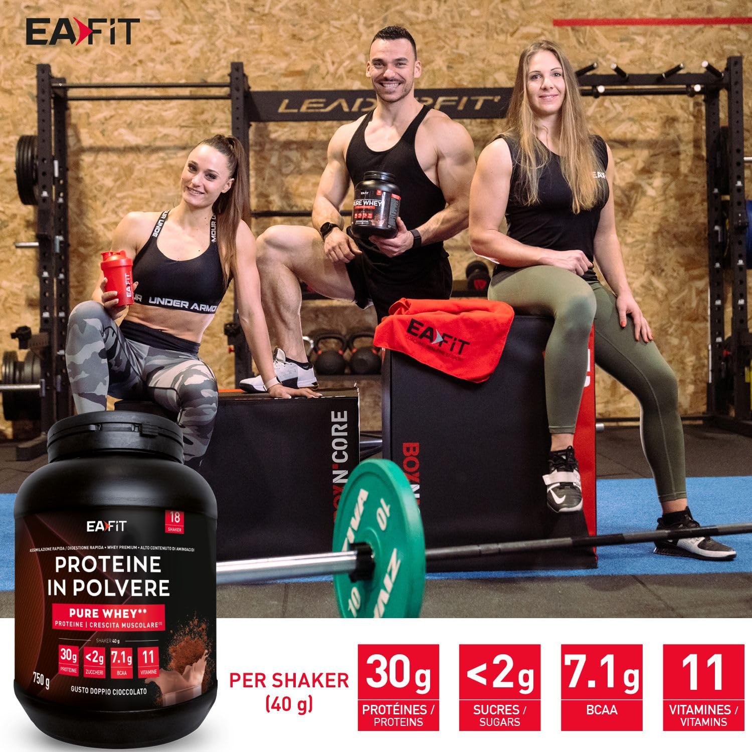 Eafit Pure Whey Proteine in Polvere - Doppio cioccolato 750 g - Crescita Muscolare - Rapida Assimilazione - Contiene Aminoacidi ed Enzimi Digestivi - Complesso HIGH AMINO - Certif Anti-doping