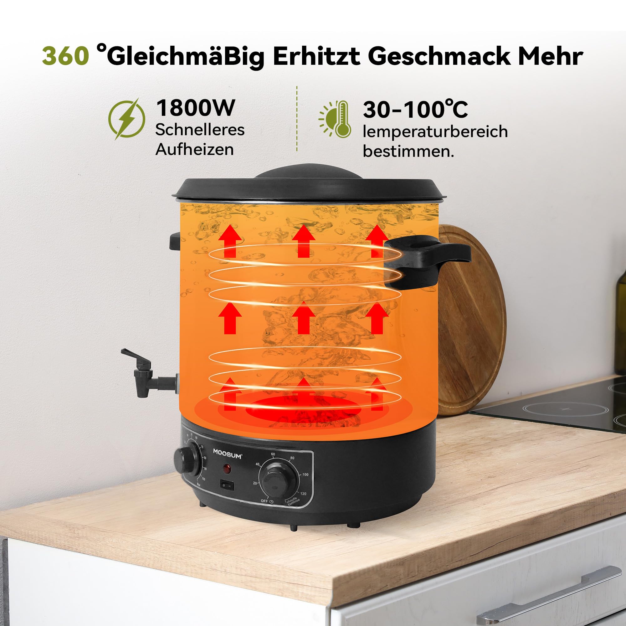 Distributeur de boissons chaudes - 27 l - Acier inoxydable 304-1800 W - 30-100 °C - Minuterie 20-120 min - Fonction maintien au chaud - Protection contre la surchauffe