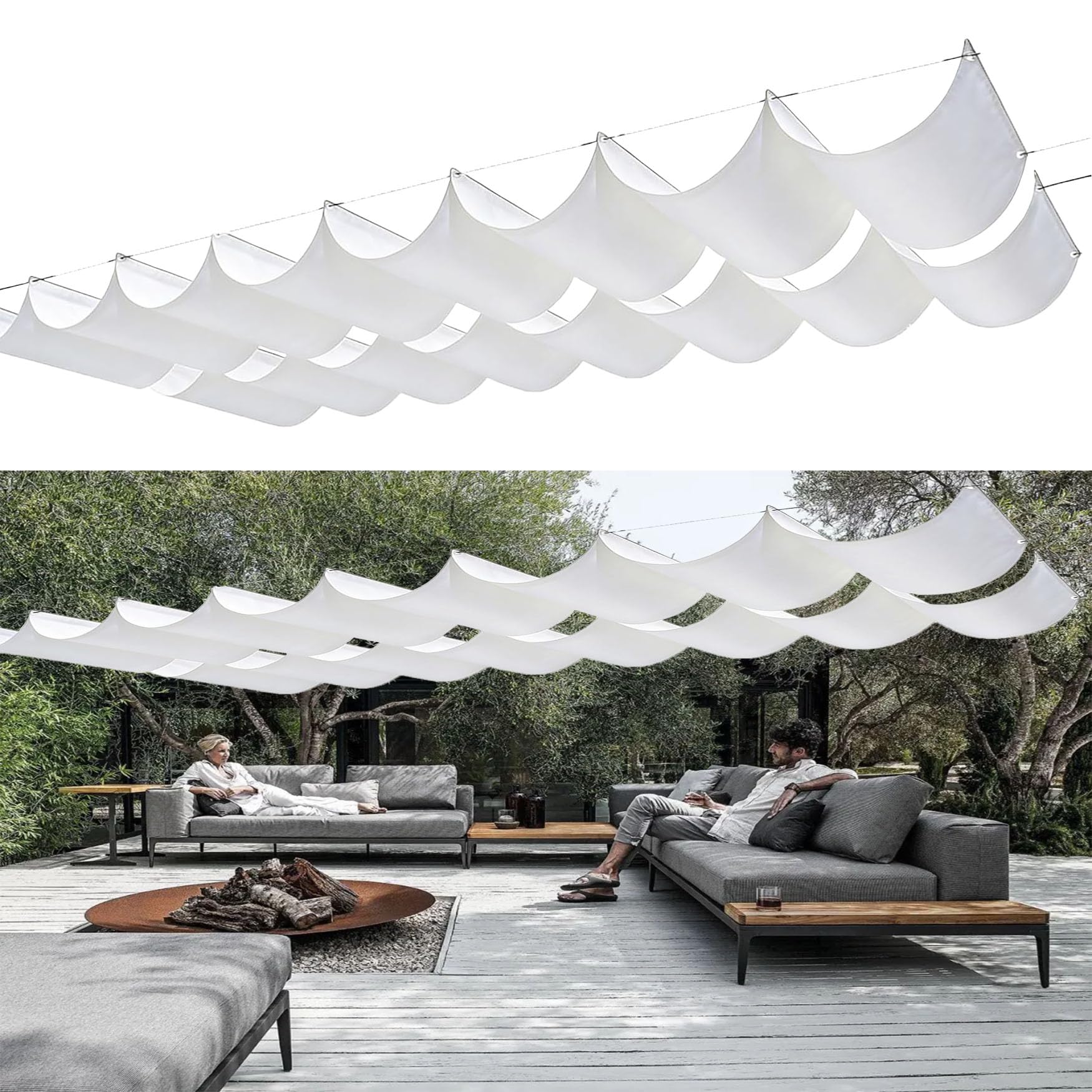 Voile d'ombrage rétractable vague 110x300 cm en toile blanche imperméable