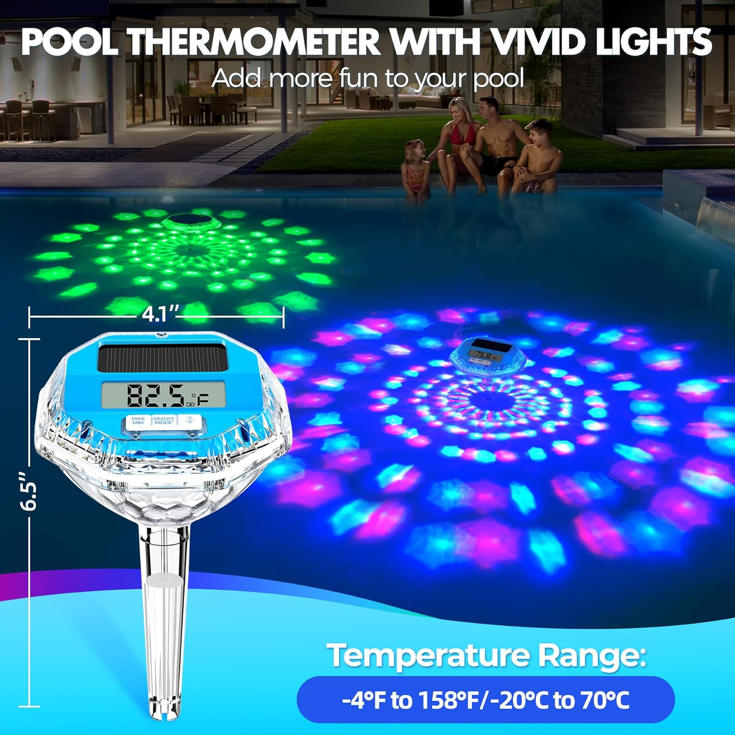Pircaath 2025 Upgrade Digital Pool Thermometer Floating Easy Read, Solar Pool Thermometer with Dynamic Light Show, Large LCD Screen & IP68 Waterproof Pools Water Temperature Thermometers for Hot Tub