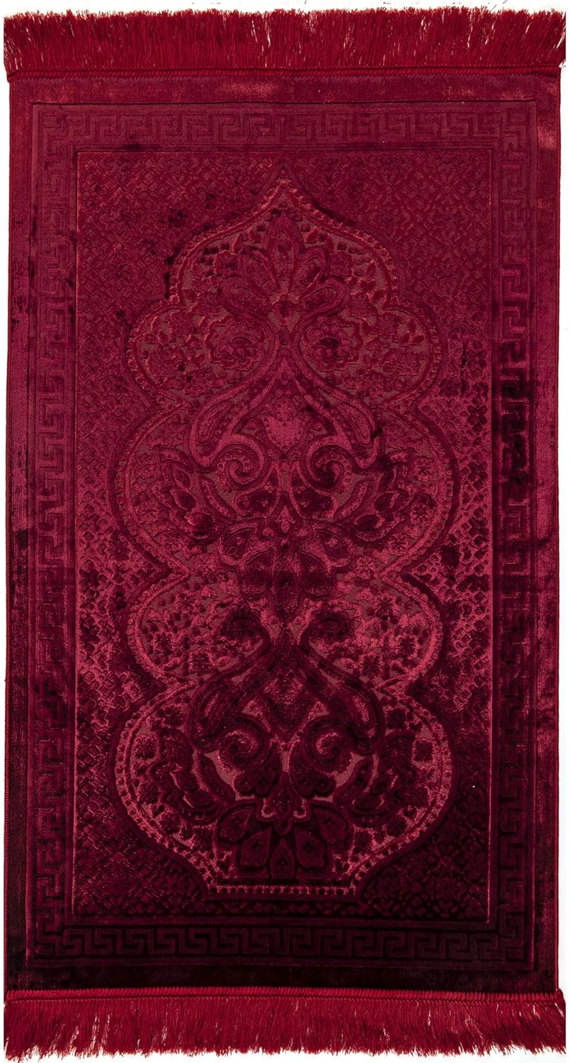 Modefa Luxury Velvet Prayer Rug with Prayer Beads | Soft Elegant Muslim Turkish Janamaz Sajada Carpet for Men and Women | Plain Solid Prayer Mat Ramadan Eid Gift - Paisley (Red)