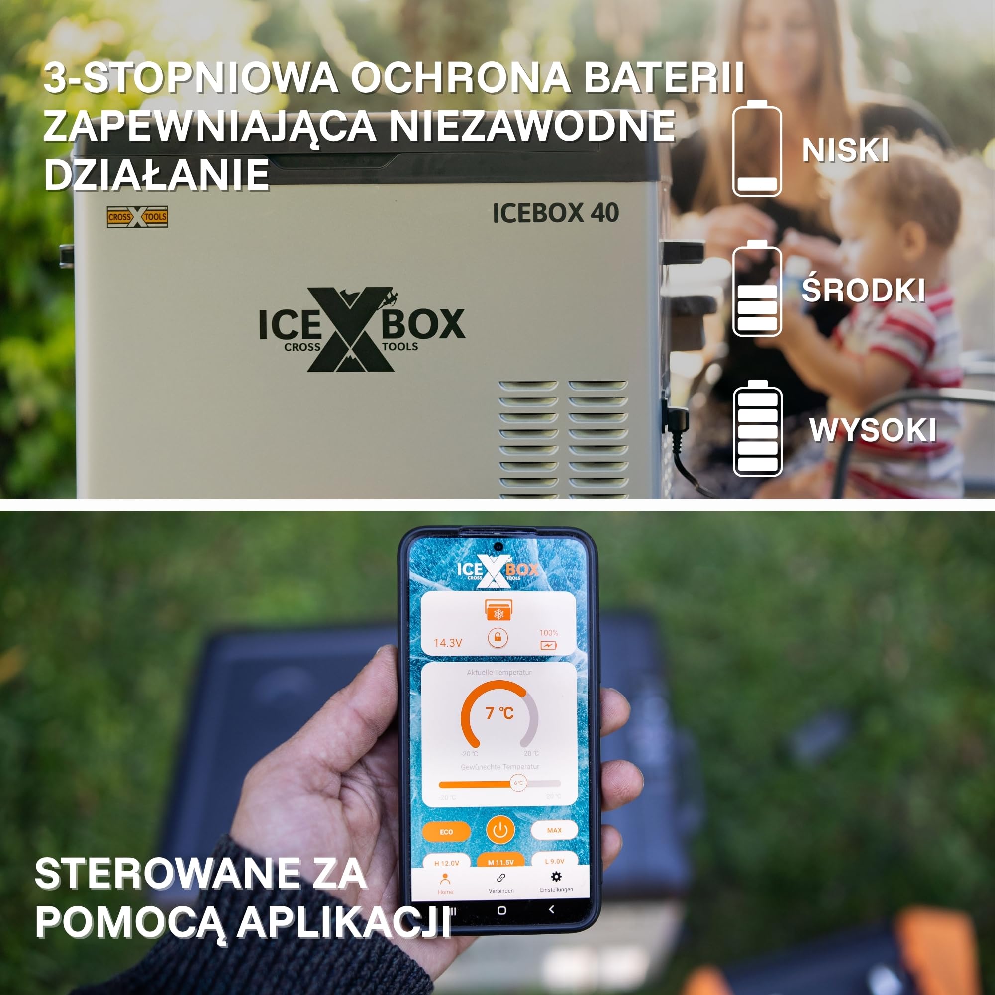 CROSS TOOLS elektryczna sprężarkowa lodówka turystyczna 37L -20°C, Camping & Auto, przenośna zamrażarka, lodówka z App, 230V/12V/24V, ICEBOX 40, 68061