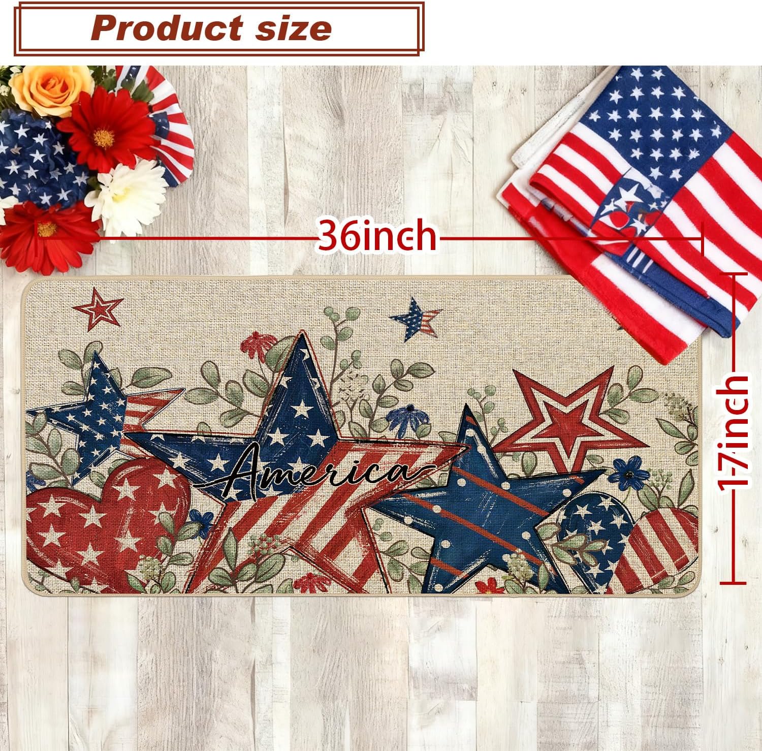 Baccessor Patriotic Doormat 17x36 Inch Long,Memorial Day 4th of July Independence Day Stars Door Mat Non Slip Washable Low-Profile for Floor Entrance Front Holiday Home Decor