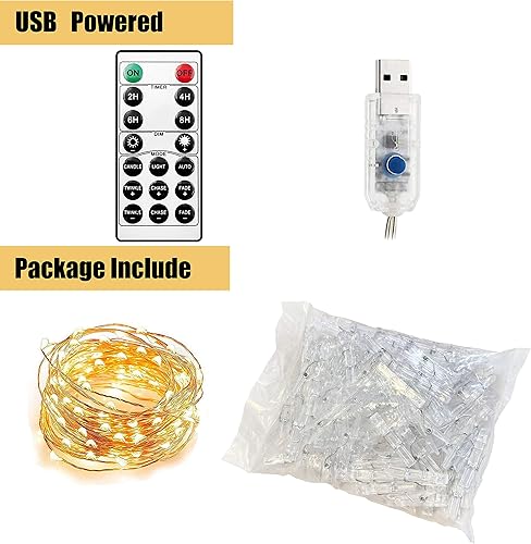 Miniatura 2 de Cynzia Cadena de luces con clip de fotos alimentada por USB con Romote, 100 luces LED con 50 clips transparentes, cadena de luces de alambre