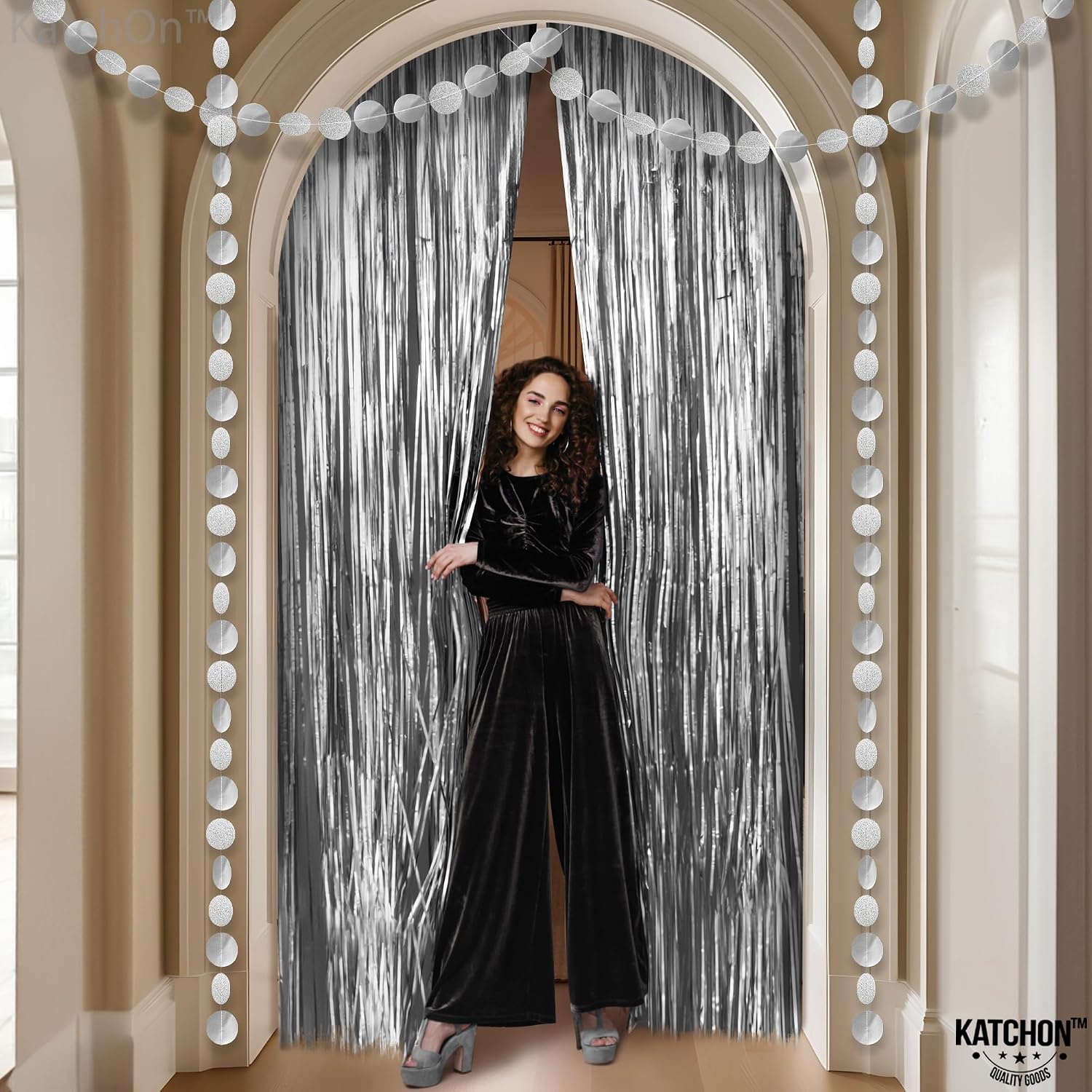 KatchOn, XtraLarge, Silver Backdrop Curtain with Garland - 3.2x8 Feet, Pack of 3 | Silver Streamers Backdrop, Disco Party Decorations | Graduation Backdrop 2026 for Graduation Decorations 2026