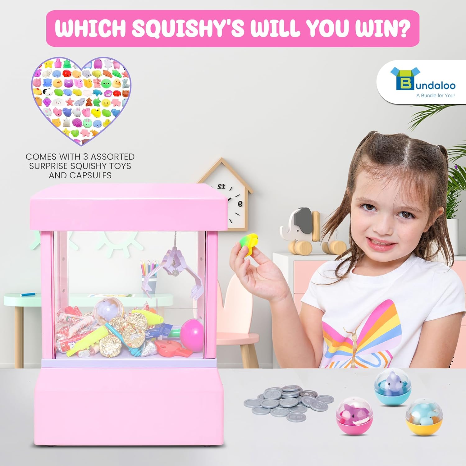 Bundaloo Squishy Claw Machine Arcade Game Candy Grabber Prize Dispenser with 3 Squishy Toys and Reusable Capsules - Image 5