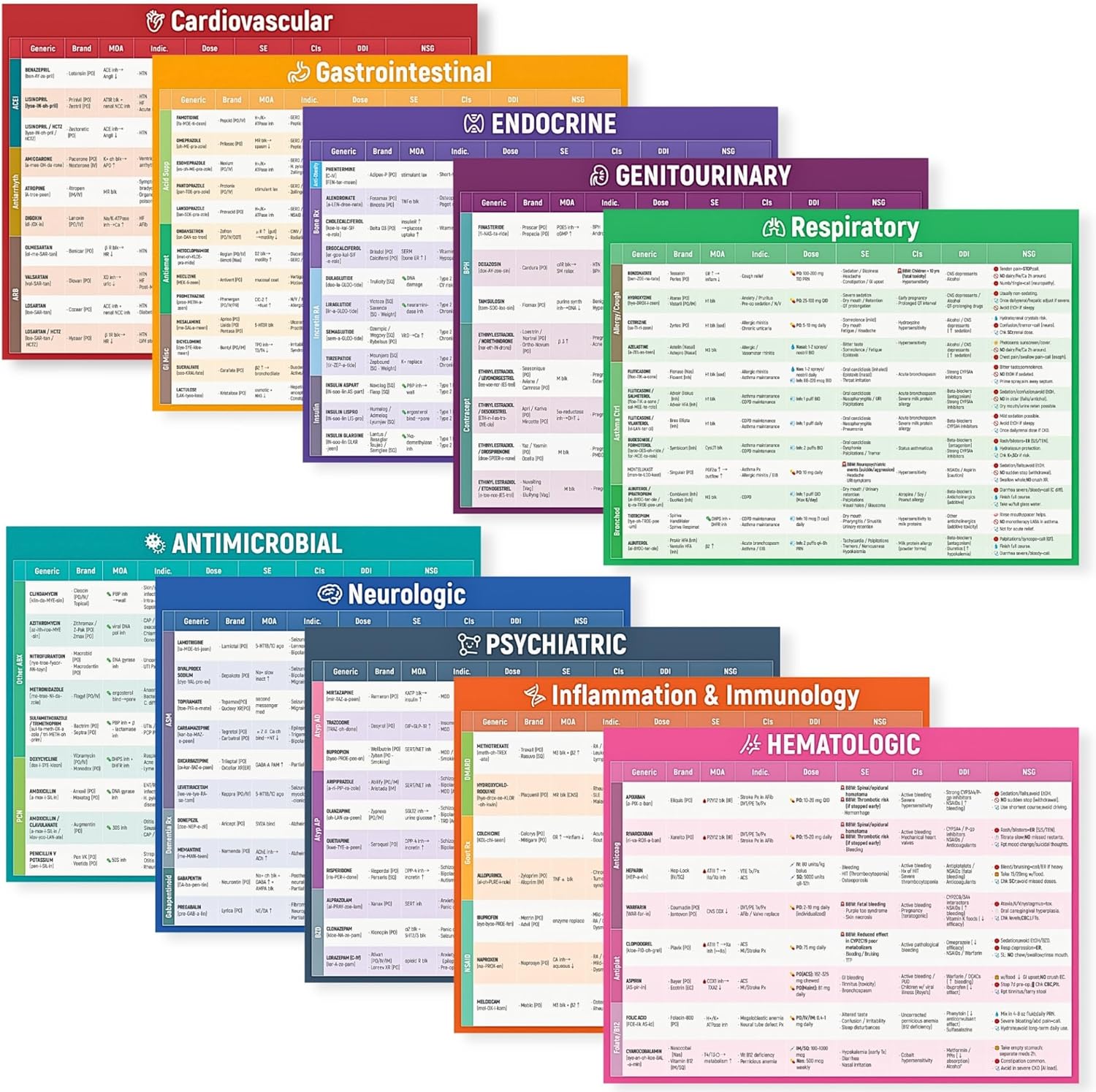 Top 200 Drugs Simplified Poster Set 2026 - Pharmacology FlashCards Study Guide for Nursing School Essentials Pharmacy Technician Accessories 11 Laminated Drug and Medication Cards Nursing Pharmacology