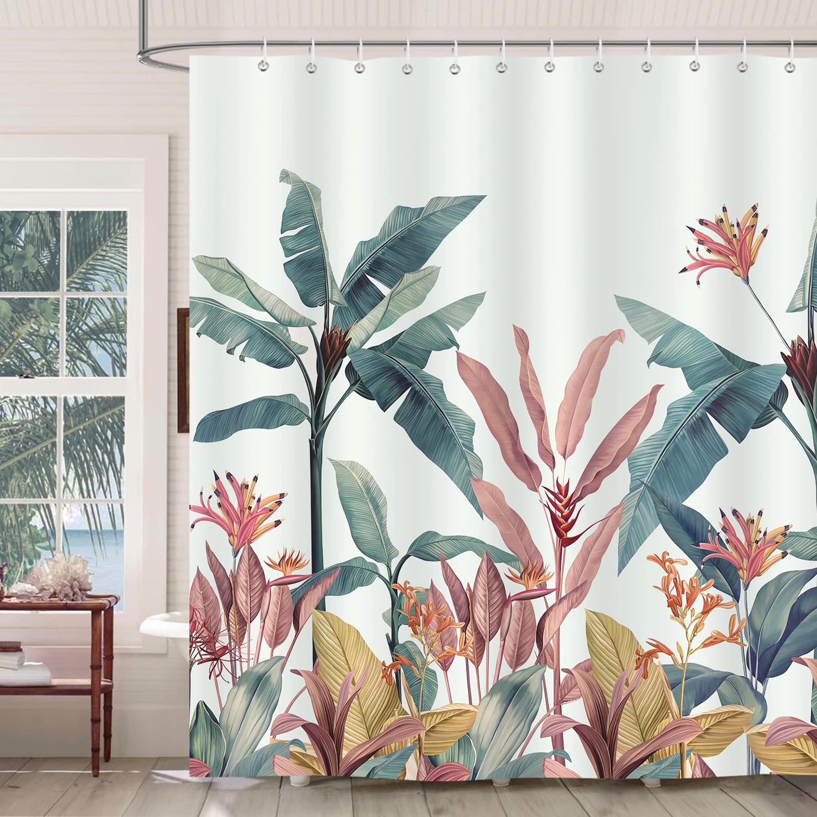 Tenda Doccia Tropicale Bonhause 180x180 Cm - Foglie Di Banana E Palma Verde, In Poliestere Impermeabile E Antimuffa, Con 12 Ganci Inclusi