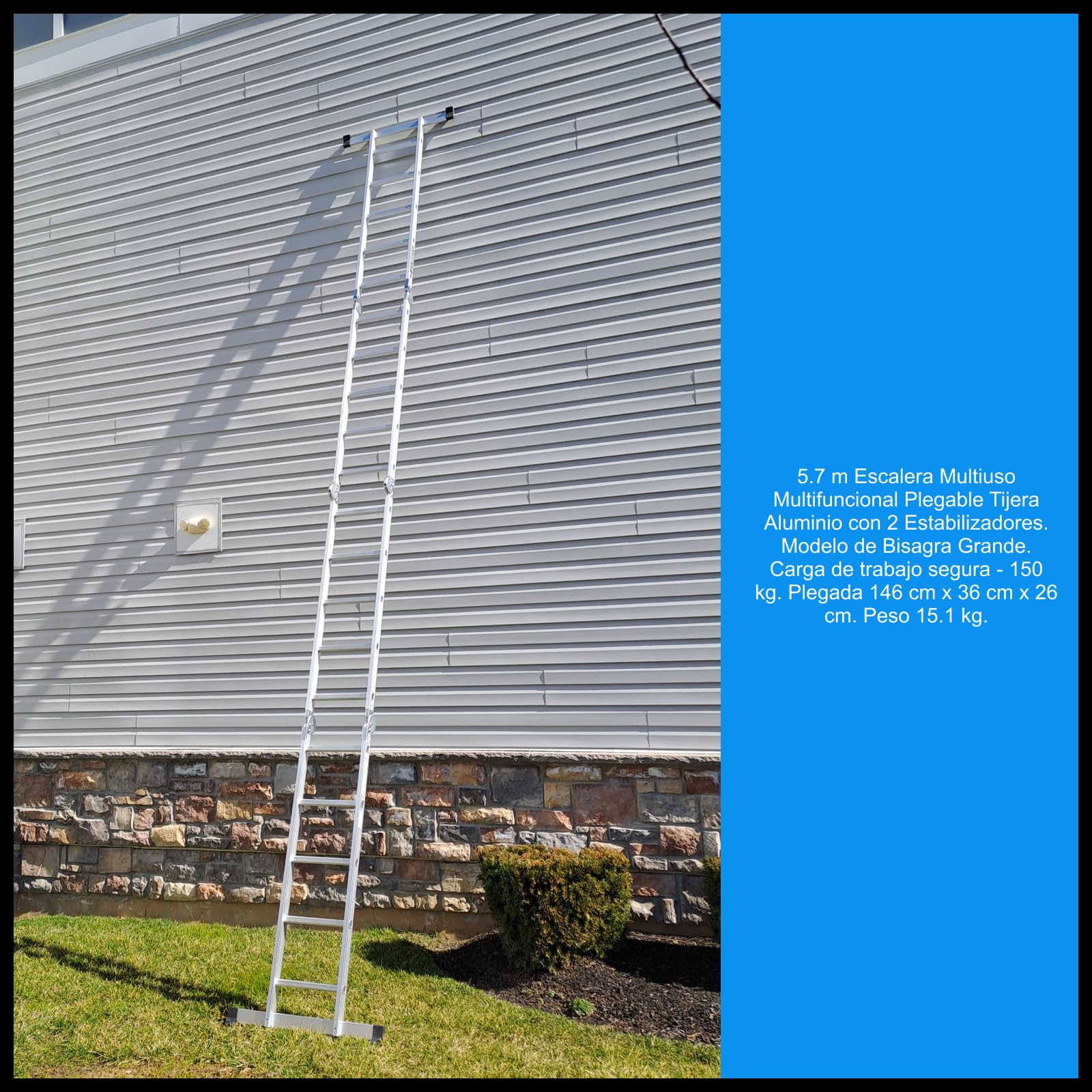 5.7m Escalera Multiuso Multifuncional Plegable 570cm Tijera Bisagra Grande Aluminio con 2 Estabilizadores Nueva Generación Calidad Alta KS5.7