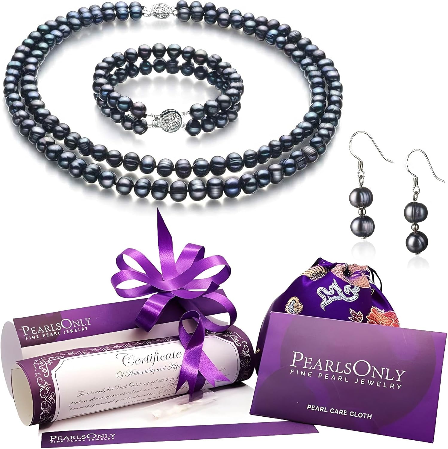 Julika Black 6-7mm Double Strand A Quality Freshwater 925 Sterling Silver Cultured Pearl Set For Women