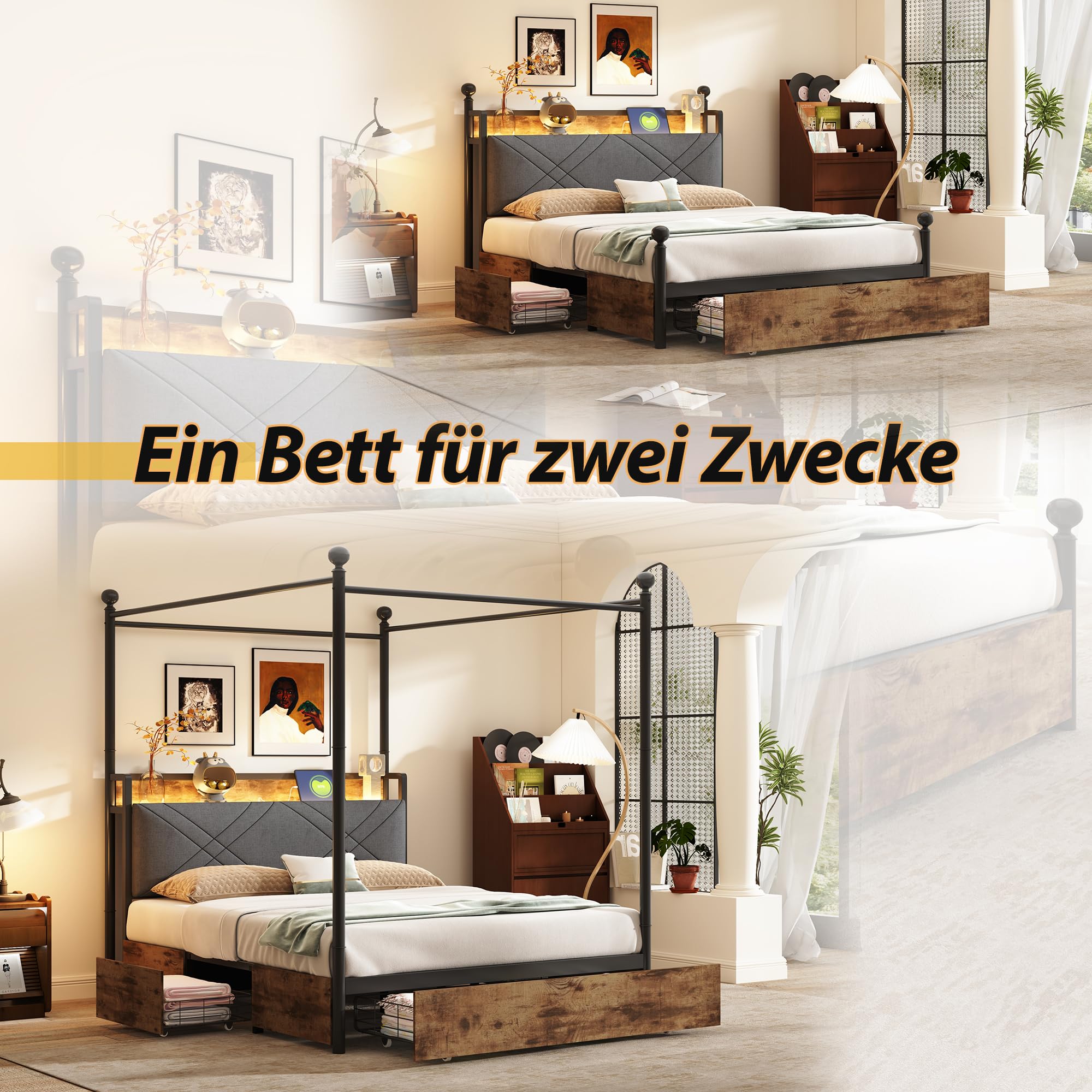 Lit double 140 x 190 cm noir – Lit en métal, lit avec espace de rangement, 3 tiroirs, baldaquin, lit à baldaquin, LED, USB, adultes et adolescents, charge maximale de 220 kg