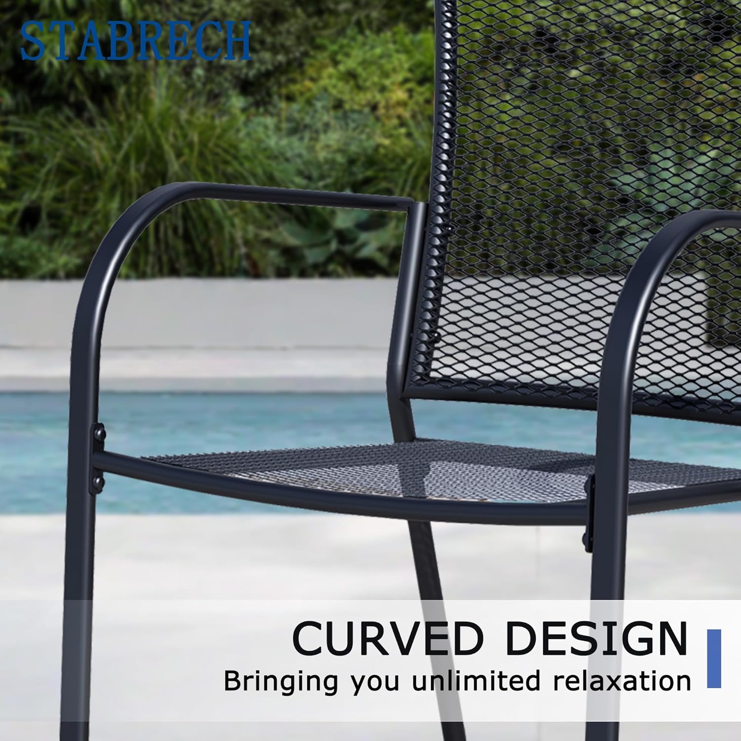 5 Pieces Outdoor Dining Set for 4, Black Metal Mesh Outdoor Dining Table and 4 Black Metal Mesh Stackable Patio Chairs with Armrest, Patio Table and Chairs Set for Lawn Garden Backyard