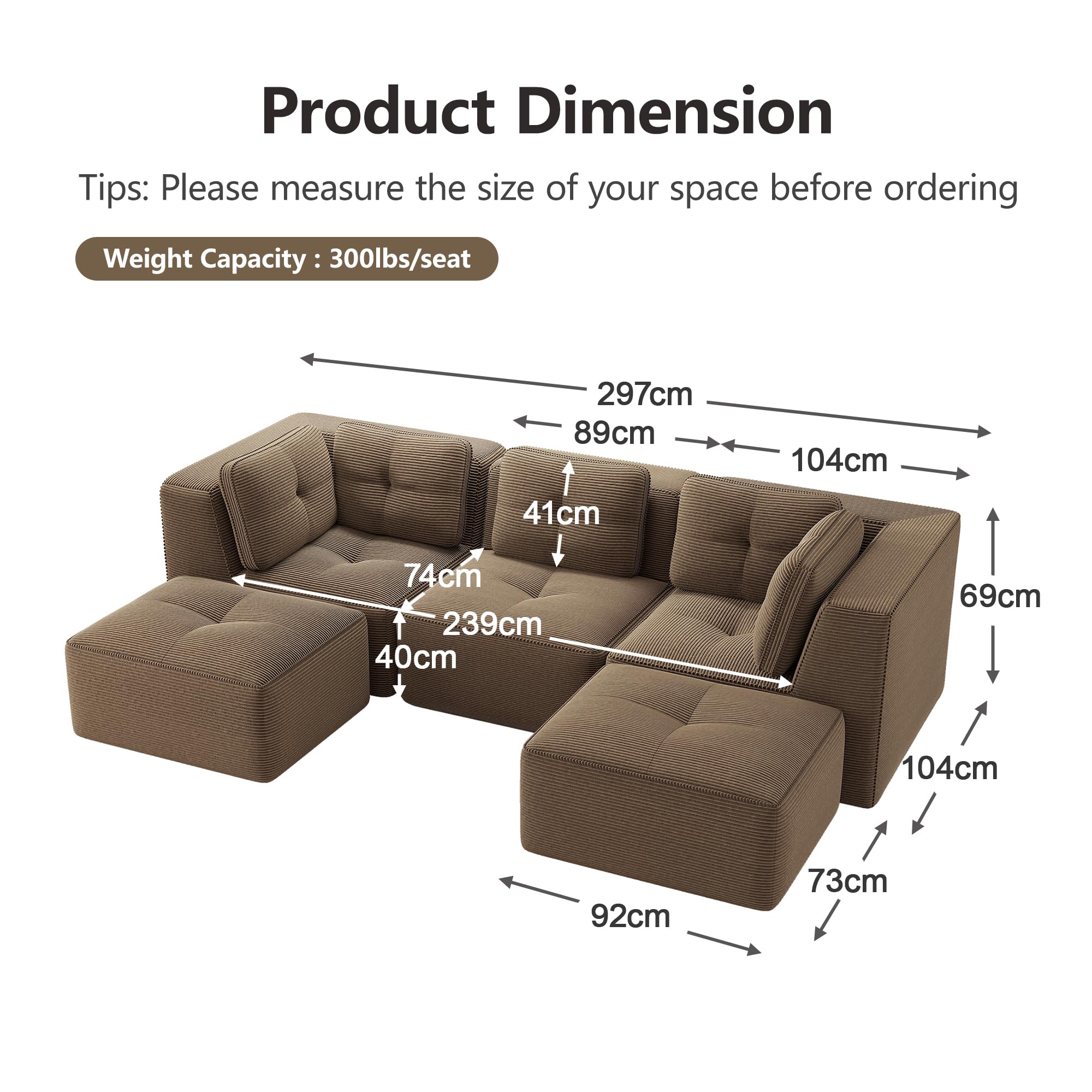 Modułowa sofa narożna w kształcie litery U, 3-osobowa, bez ramy, sofa z 2 otomanami, wykonana z wygodnego materiału sztruksowego, tapicerowana sofa do salonu i sypialni, brązowa