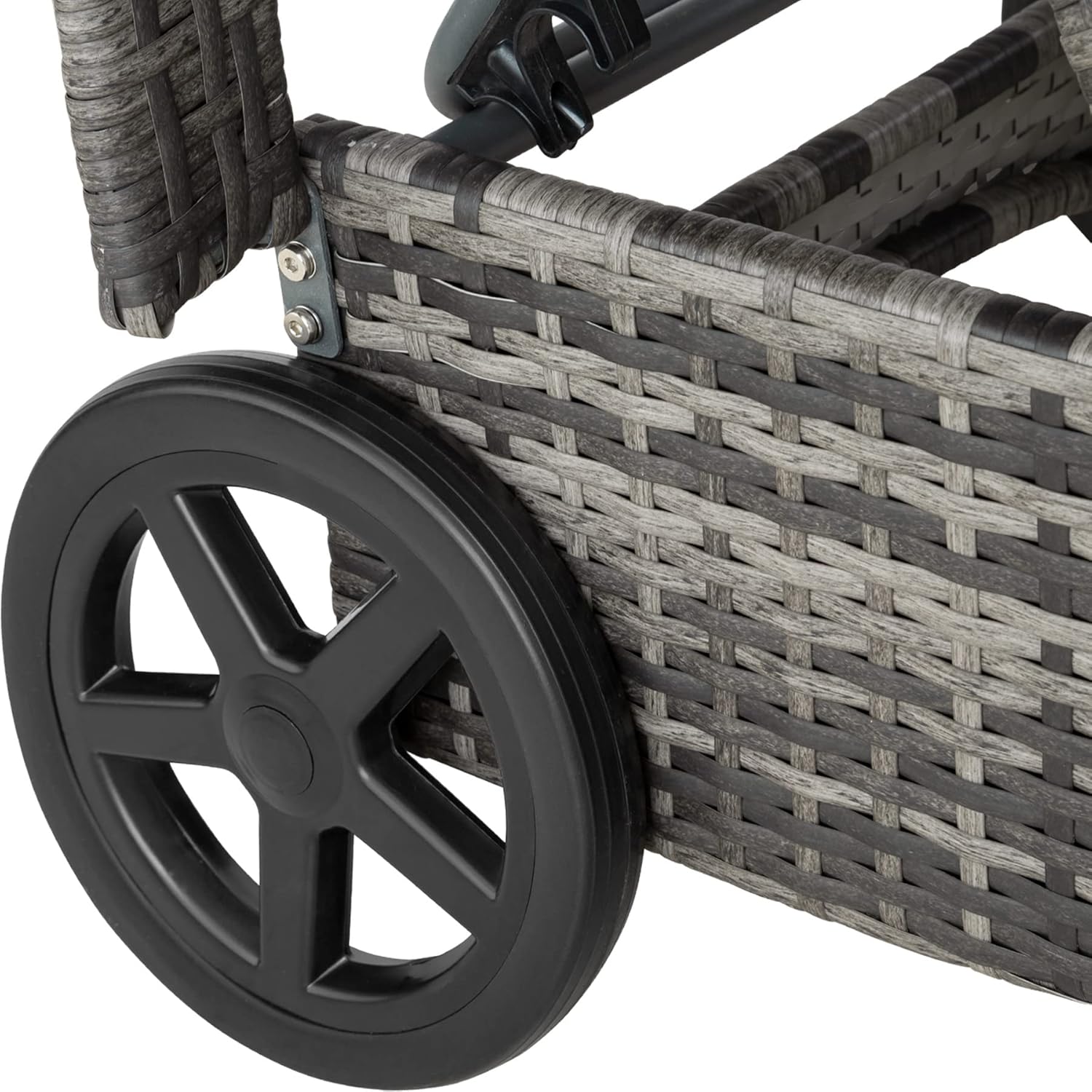 Close-up of the wheel on the tectake Cassis Wicker Lounger