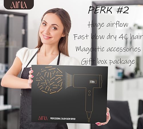 Miniatura 5 de AINA Secador de pelo Pro Salon (nueva tecnología), secador de 2000 W con peine difusor para mujer  Secador de pelo BLDC  Motor sin escobillas