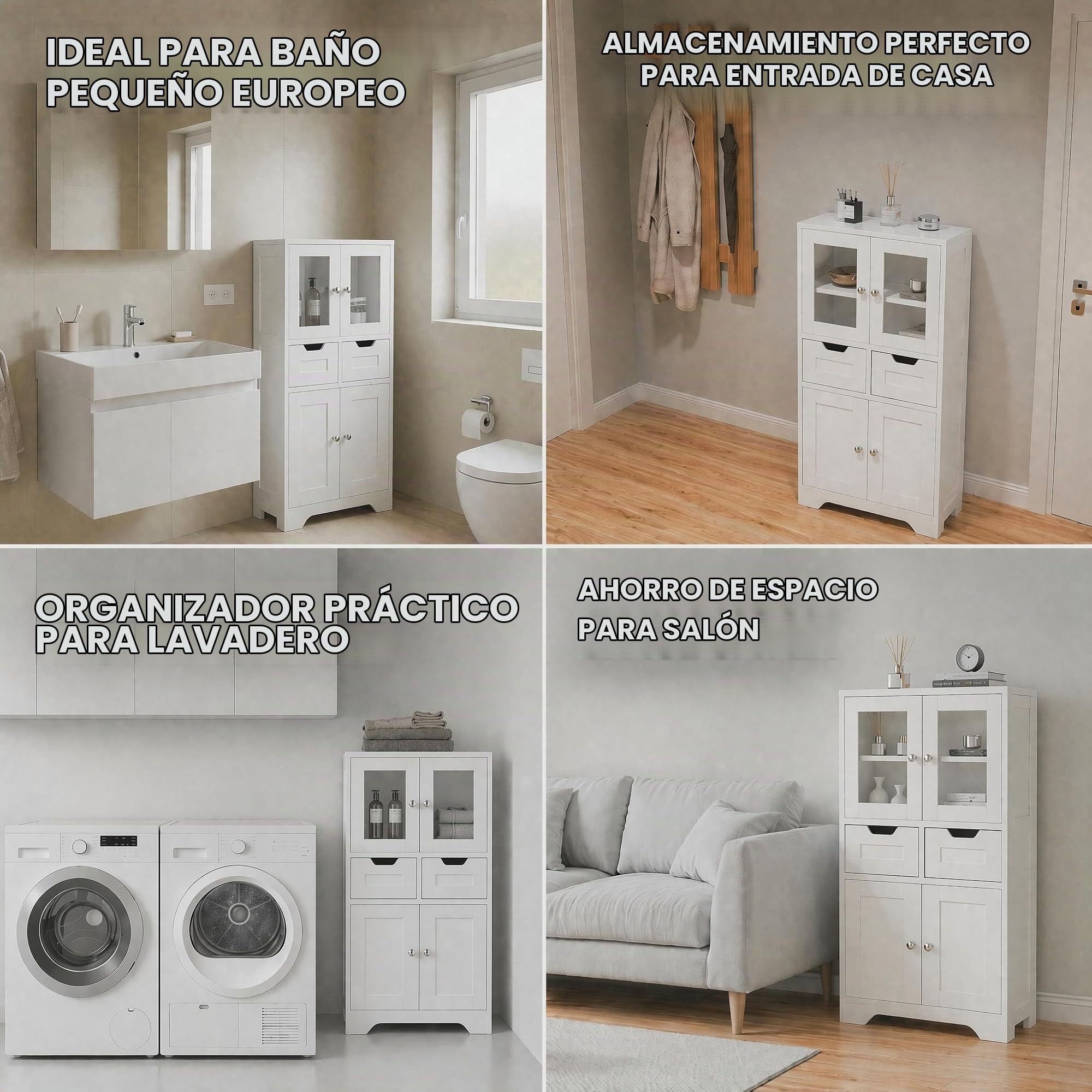 Armario Alto de Almacenamiento, Mueble de Baño, Baldas Ajustables, Panel de Partículas Melamínico Doble Cara de 15mm, Mueble Multiusos para Baño, Pasillo y Lavandería(Blanco, 60x30x128cm)