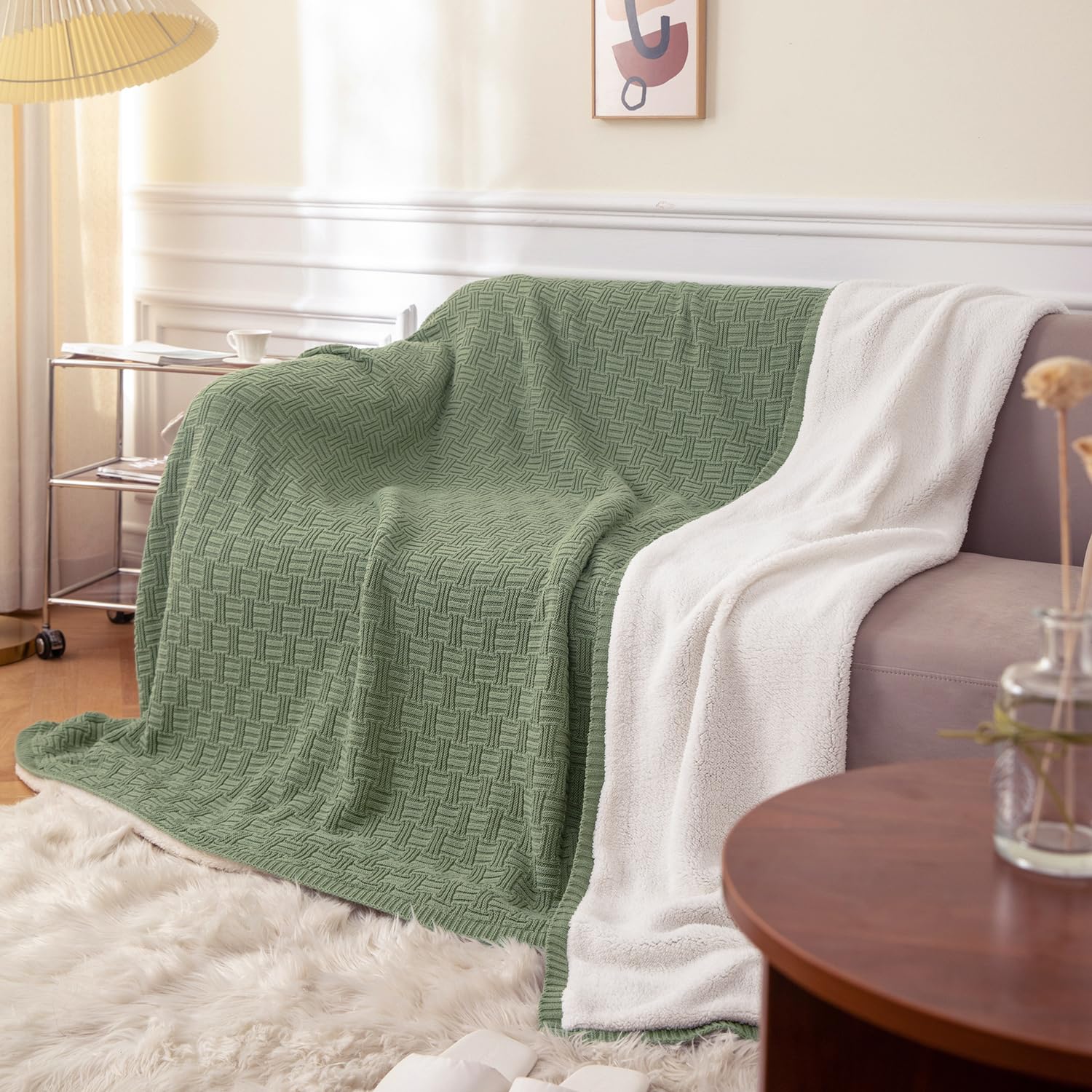 MYLUNE Home Sherpa Decke Baumwolle Strickdecke Öko-Tex 180x200cm 660GSM Dicke Kuscheldecke Flauschig Sofadecke Wohndecke Tagesdecke Bettüberwurf Warme Gehäkelte Decke Herbst Winter Blanket Olivgrün