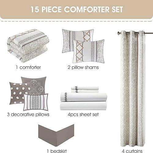 Miniatura 4 de Grand Avenue Juego de edredón color gris pardo, tamaño Queen, 15 piezas bordado de rizo para todas las estaciones
