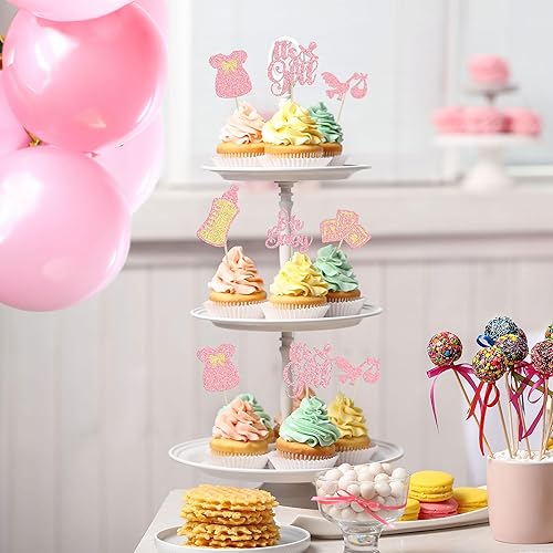 Miniatura 5 de Gyufise 24 adornos para cupcakes Oh Baby Glitter It's a Girl Cupcake Picks Bow Dress Baby Shower Baby Shower Cake Decor para revelación de género