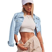 Womens Button Down Long Sleeve Cropped Denim Jean Jacket with Pockets