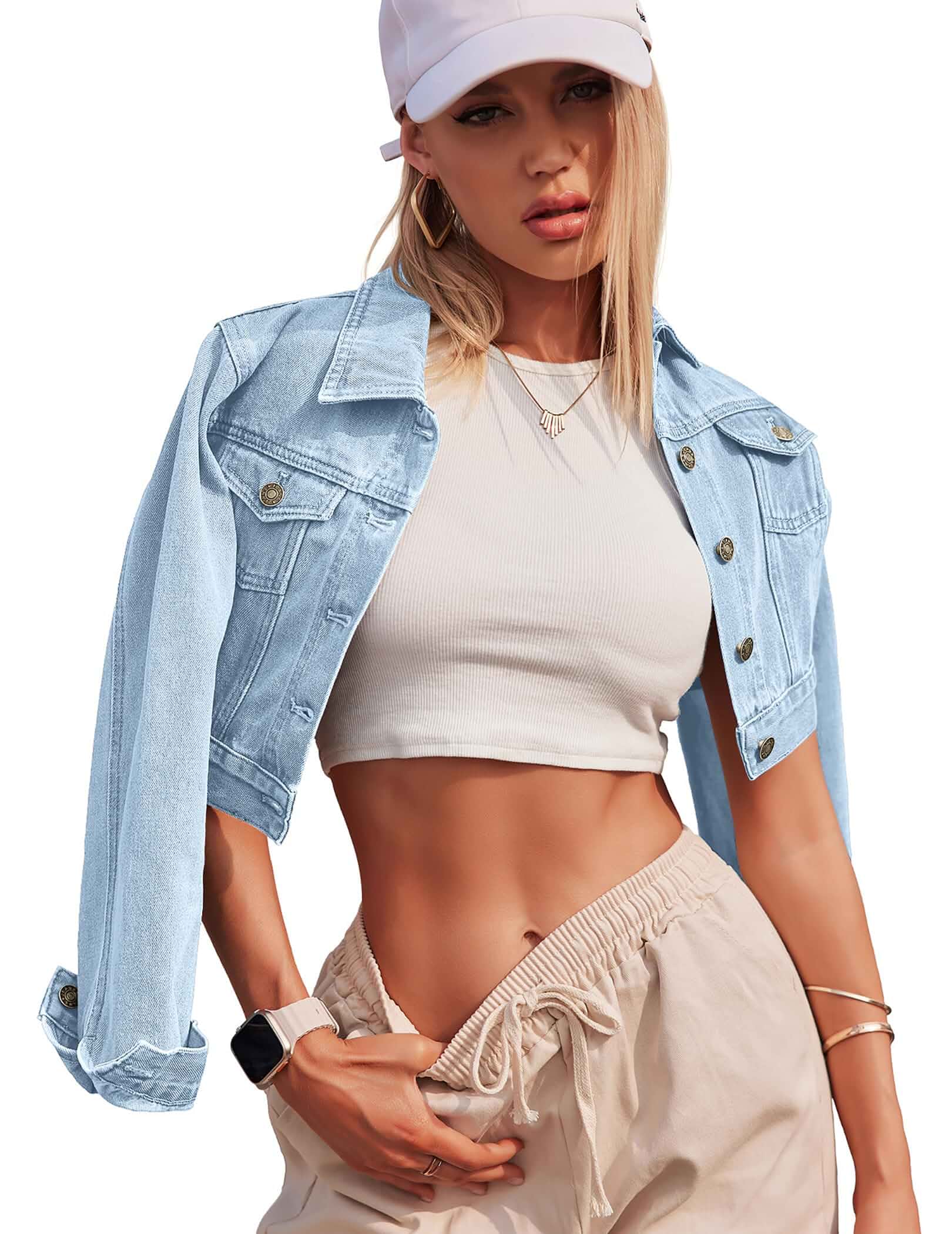 Women's Button Down Long Sleeve Cropped Denim Jean Jacket with Pockets