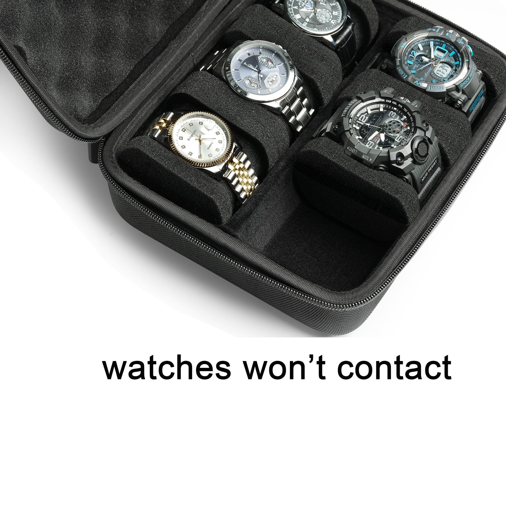 Hard 6 slots watch travel case, men's watch travel organizer, hard watch box for display and organization (Black, 6 slot with 2 compartment)