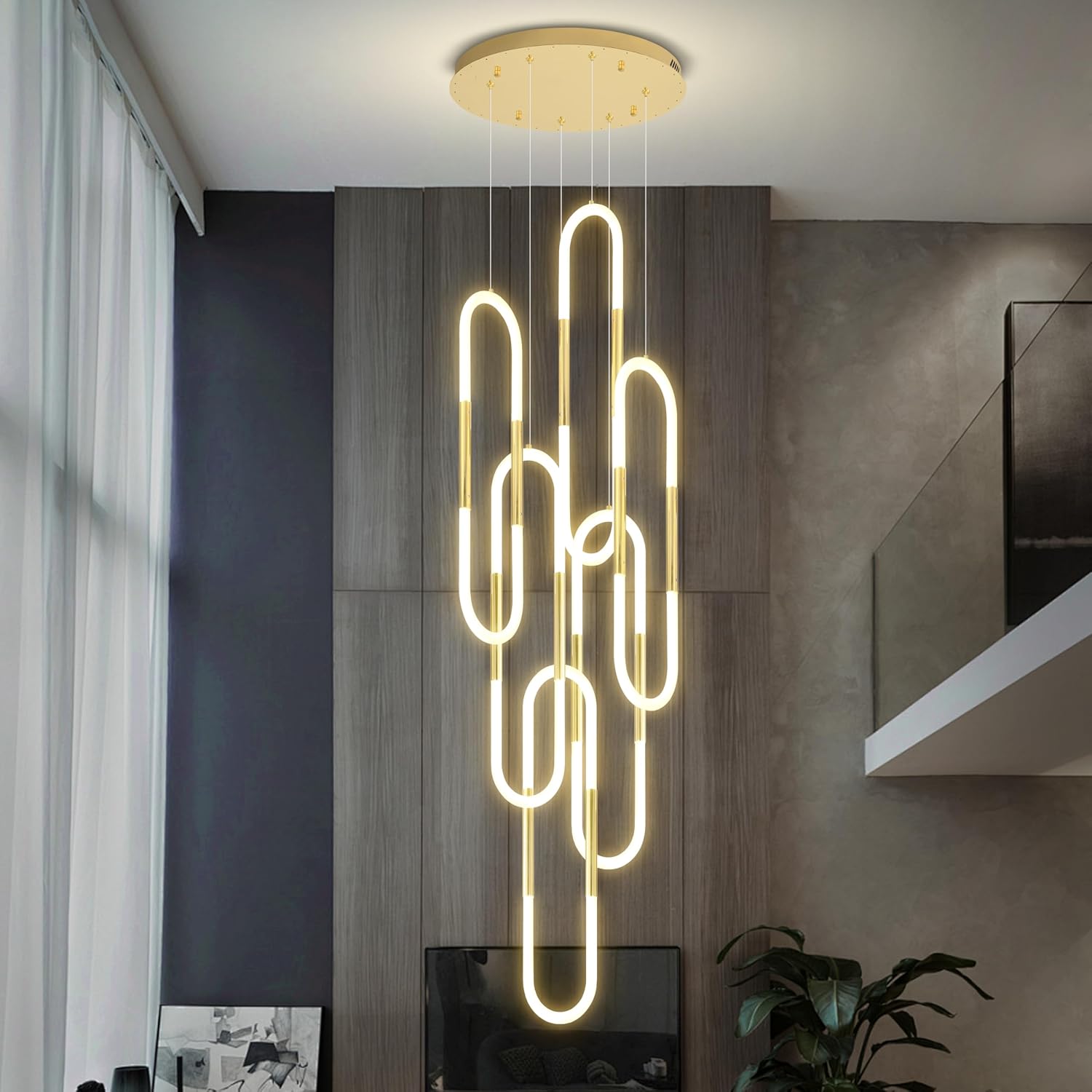 H124 Modern LED Chandelier High Ceiling Dimmable Ceiling Pendant Light Fixture 6-Rings Gold Contemporary Chandelier High Ceiling Chandeliers for Villa Foyer Entrance Living Room