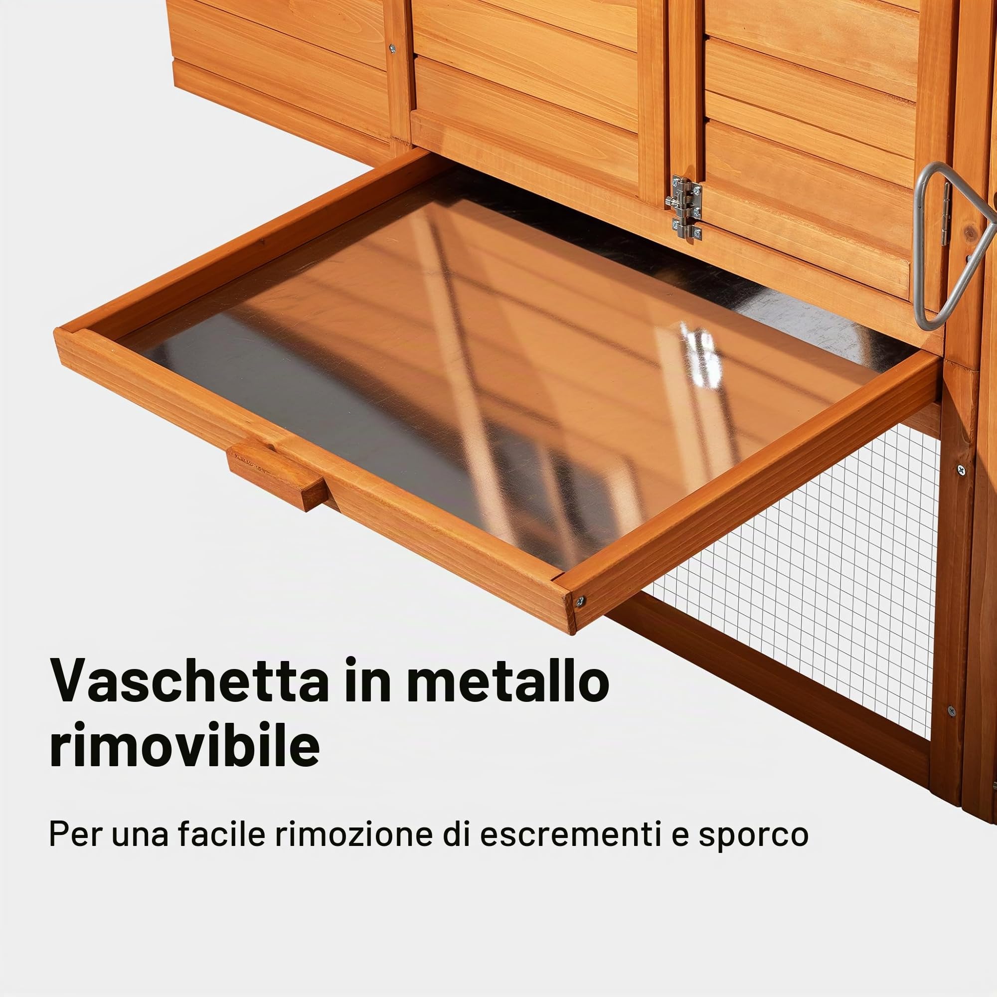 Pollaio con spazio esterno e nido, in abete, 1720x660x1200mm, griglia e vasca galvanizzate