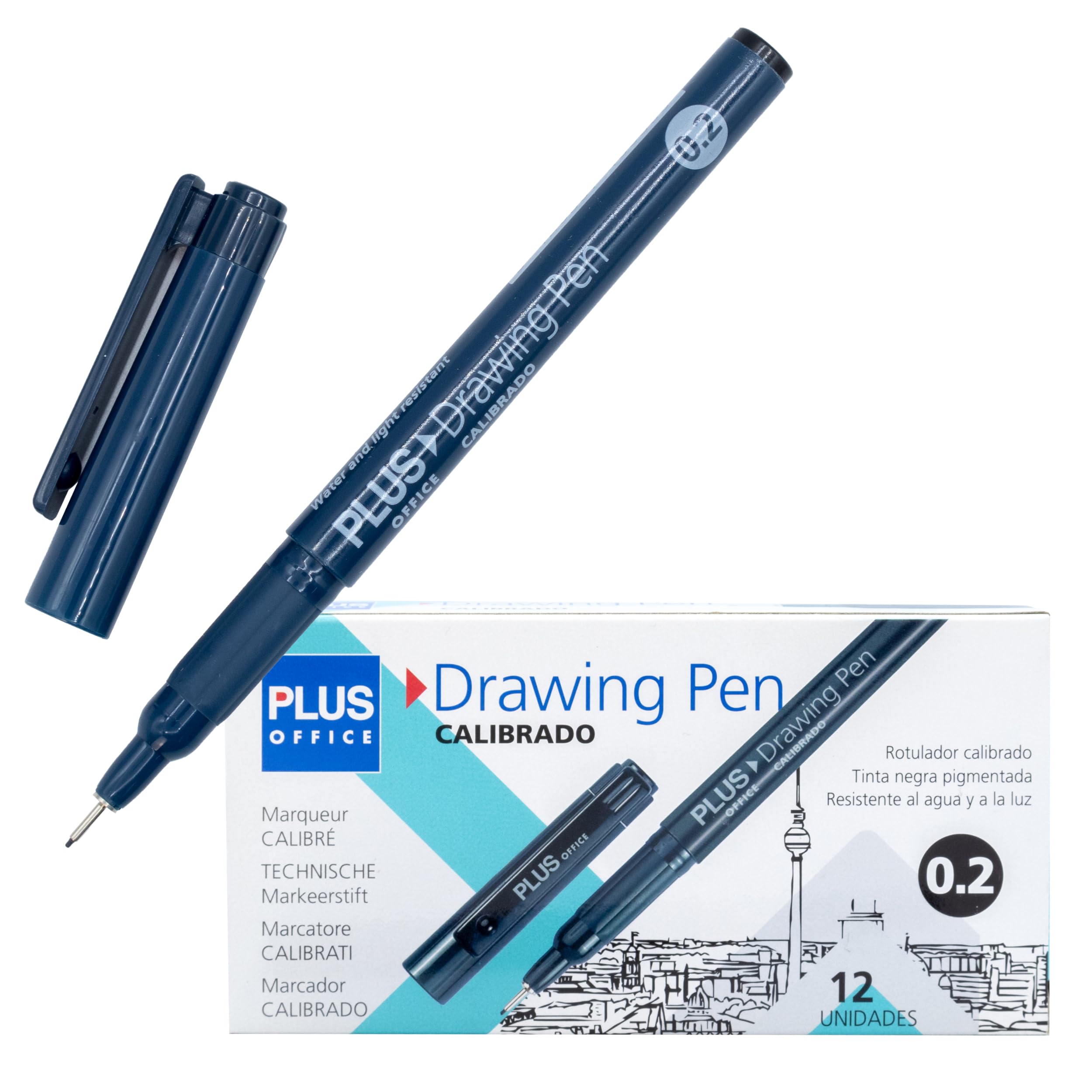 Plus Office – Rotuladores Calibrados de Trazo 0.2 mm, Rotulador Negro de Punta Fina para Dibujo y Escritura, Fineliner de Tinta Líquida Permanente, Marcador con Trazo Uniforme (0.2mm, 12 unidades)