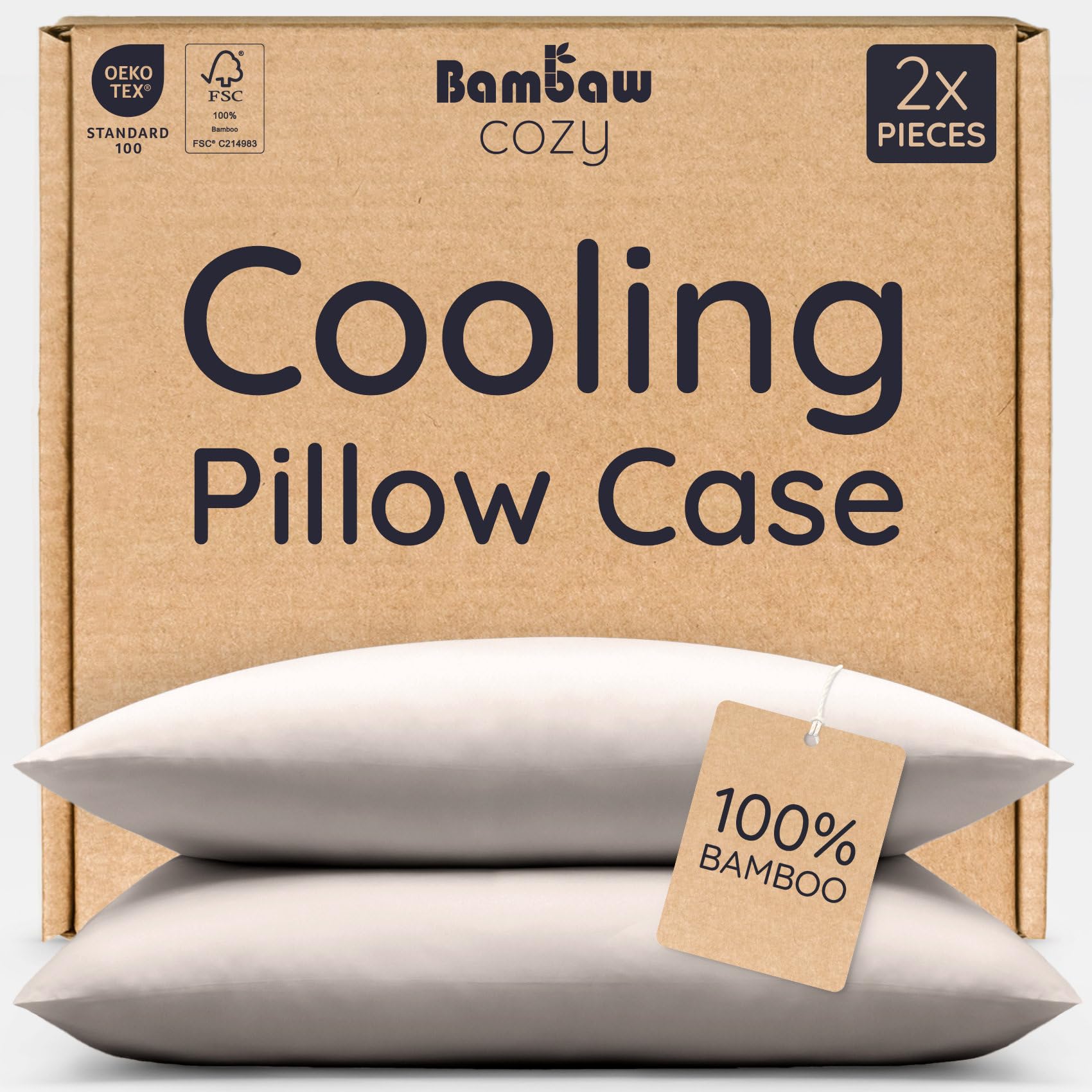Bambaw Sand Bamboo Pillow Cover 50X75 Cm, Anti Allergy Pillowcase, 100% Bamboo Pillowcase Pack Of 2, Envelope Closure, Summer Cooling Pillowcases 2 Pack, Hotel Quality & Soft Pillow Cases 50X75 Cm (Sand)