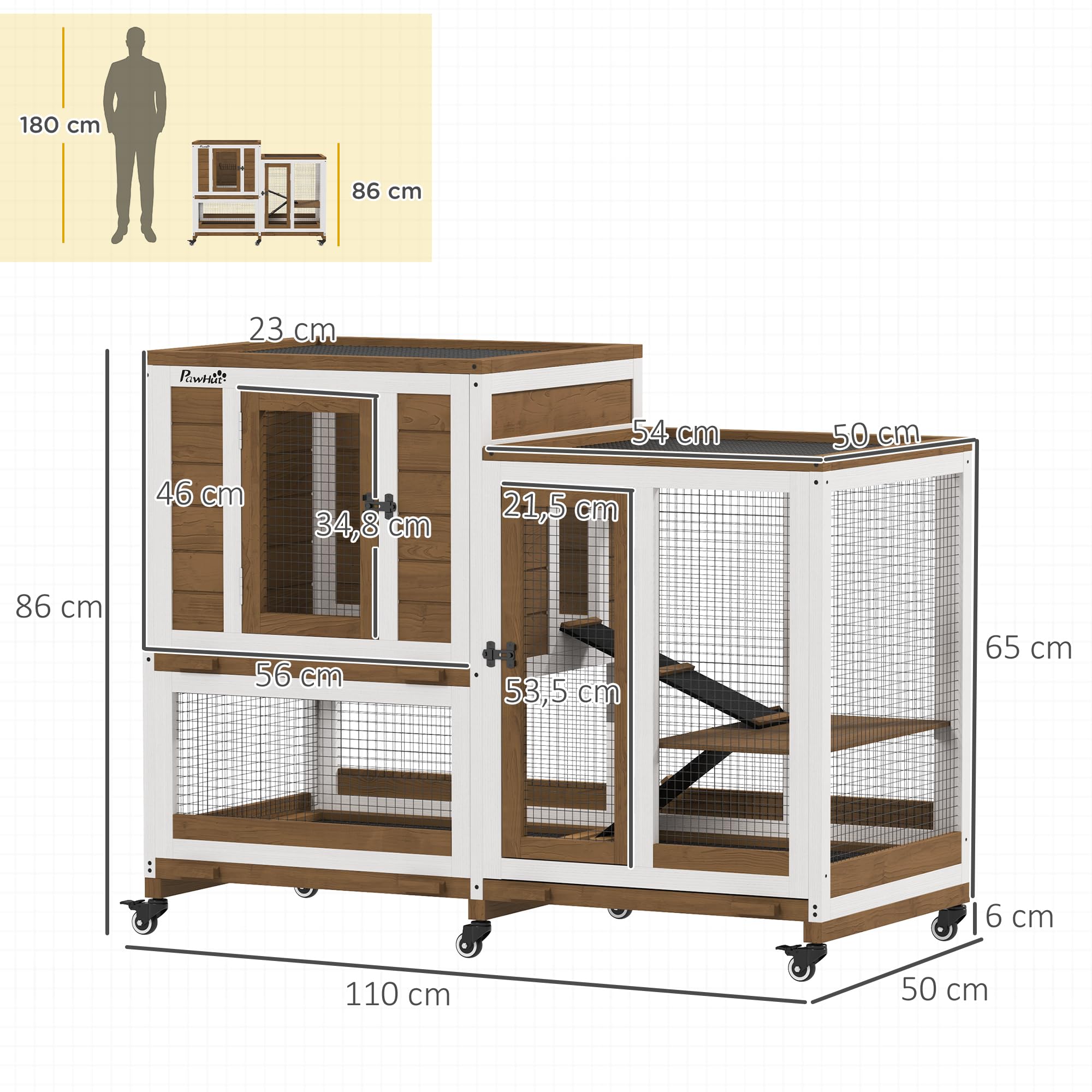 PawHut Conejera de Madera de 2 Niveles Jaula para Conejos con 6 Ruedas 2 Escaleras 3 Bandejas Extraíbles Puertas con Cerraduras y Zona Abierta Conejera para Interior 110x50x86 cm Marrón