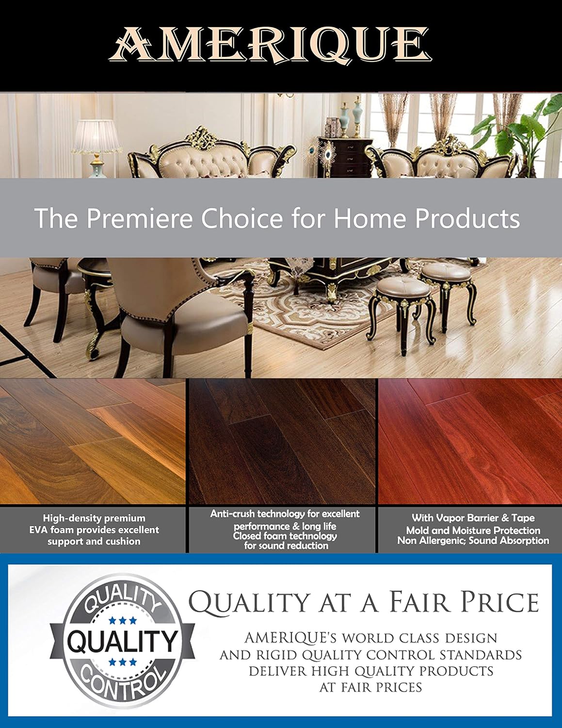 600SQFT AMERIQUE 4TH Generation High-Density Luxury Metal Blue 2.5MM Thick EVA Foam Flooring Underlayment Padding with Tape & Vapor Barrier, Elasticized Closed-Cell Technology
