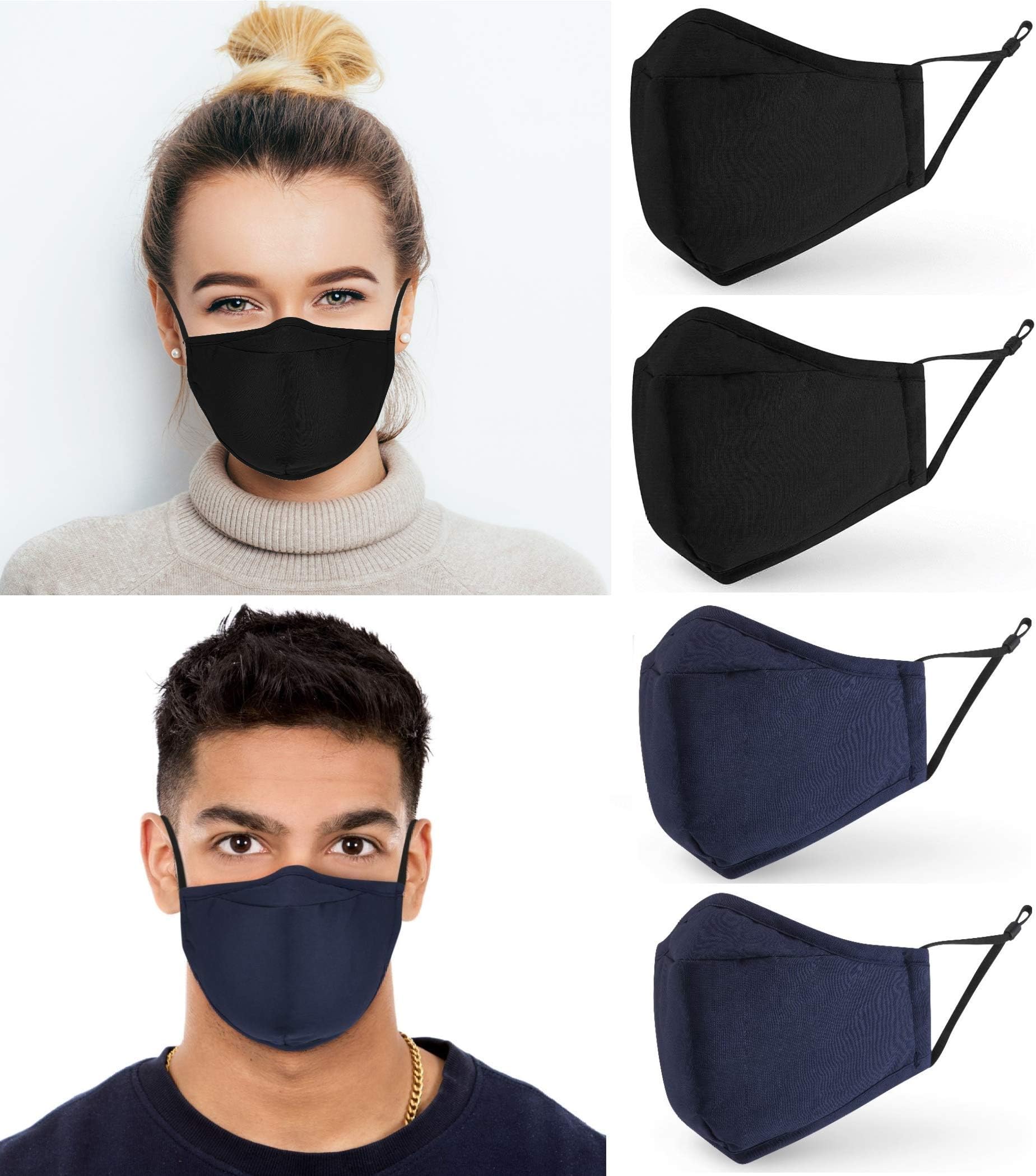 ecoTru Cotton Face Masks 4 Pack | Washable & Reusable | Filter Pocket & Adjustable Straps | UK Seller | 3 Layer Fabric Mask with Protective Covering