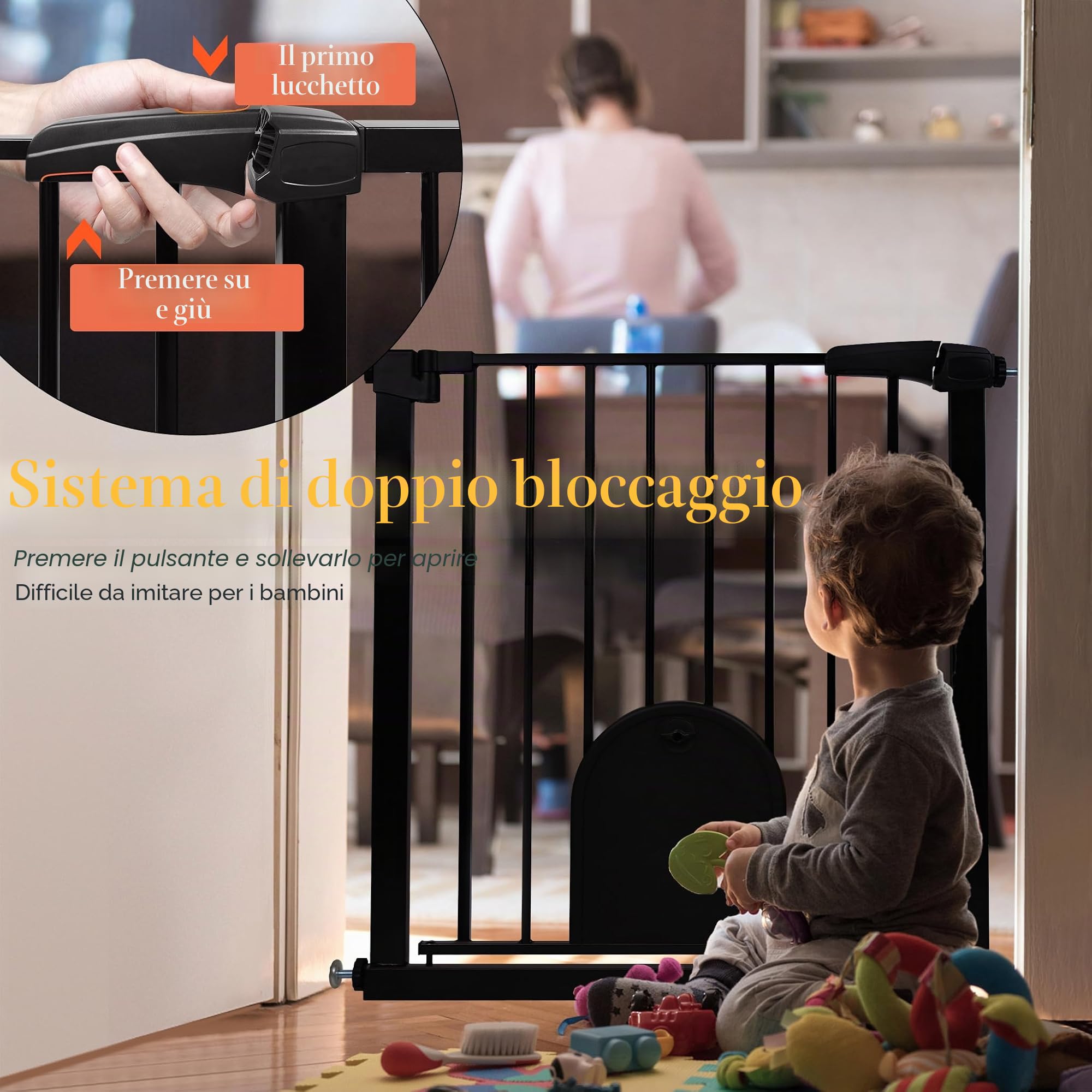 Aufun cancelletto per scale, cancelletto di sicurezza per bambini senza foratura, per 105-115 cm chiusura automatica, cancello in metallo, cancelletto di sicurezza per cani con gattaiola (nero)