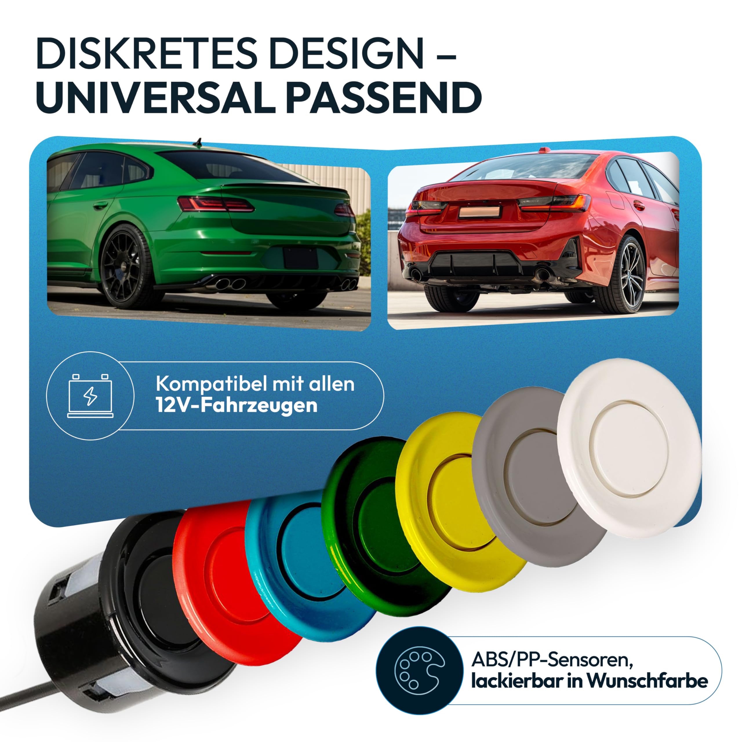 VSG24 Einparkhilfe Set hinten mit Display und 4 Sensoren – robuste PDC Parkhilfe für Auto, SUV & Transporter – optischer & akustischer Rückfahrwarner, 30–150 cm Reichweite – 12V Nachrüstsystem