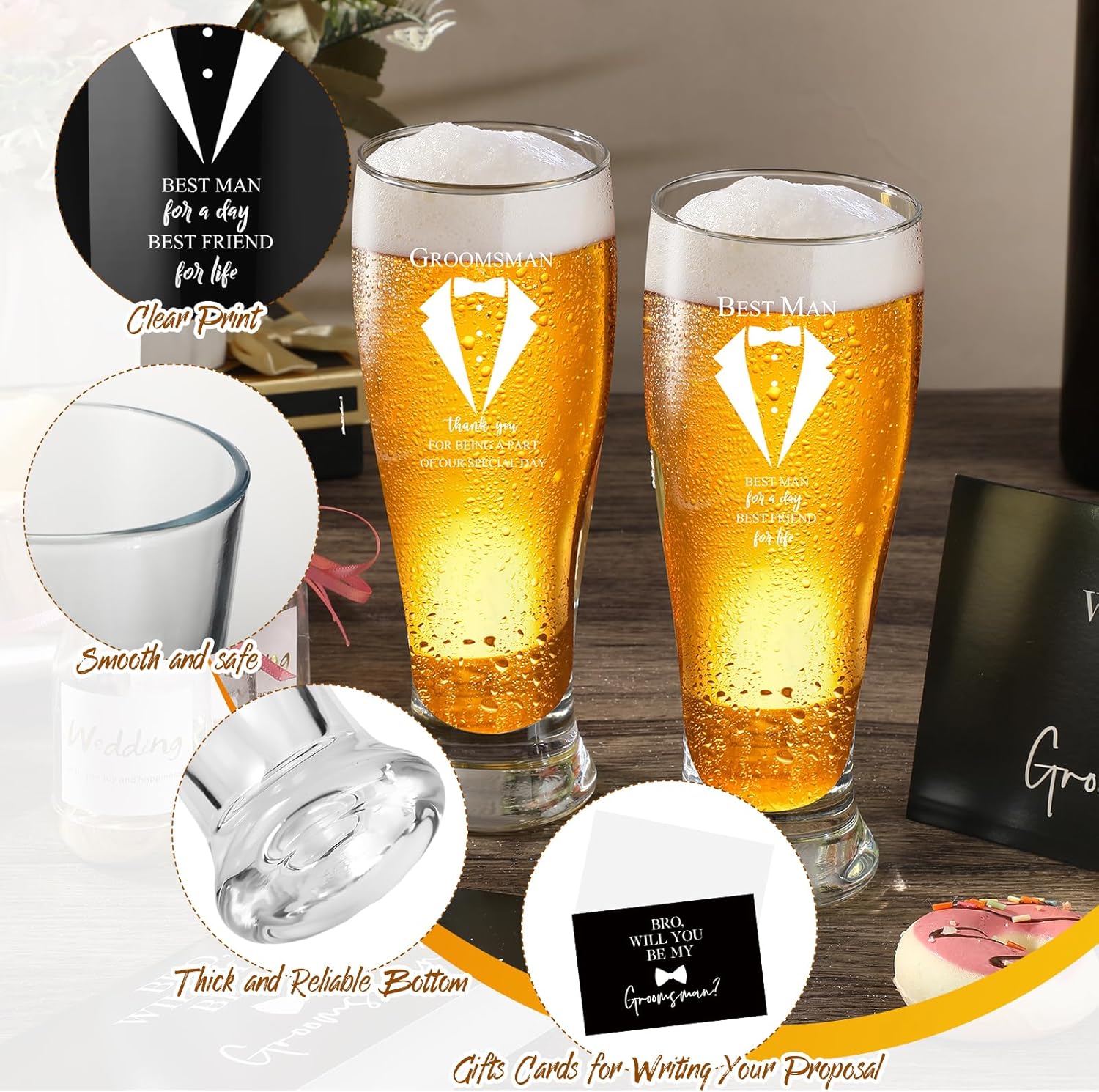 Nuanchu Set of 7 Groomsman Proposal Gifts Best Man Gift Beer Glass Set with Tuxedo Glasses Will You Be My Groomsman Cards Tissue Paper for Bachelor Party(16 oz,Pilsner Glasses)
