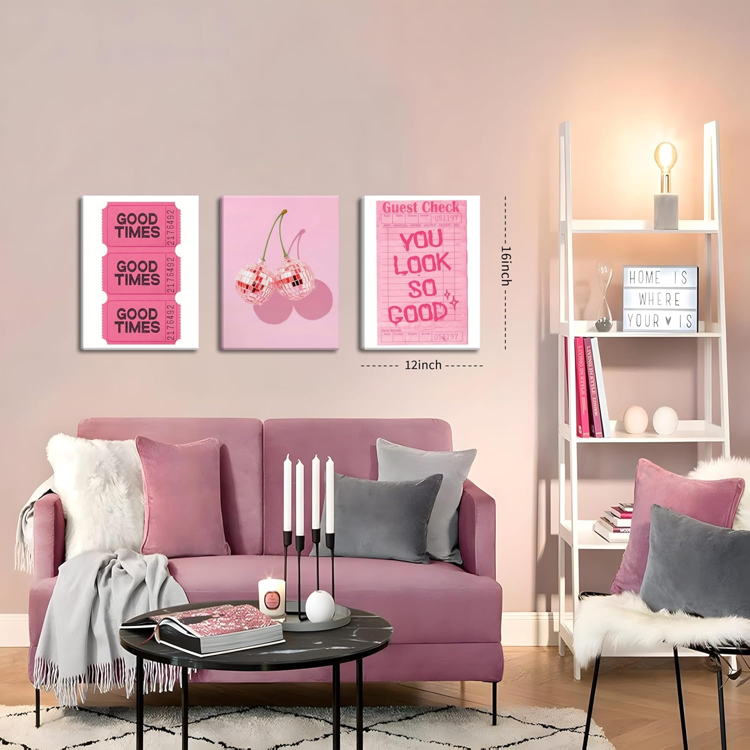 Pink Wall Art Set of 3 Trendy Cherry Disco Ball Wall Decor Good Times Canvas Poster You Look So Good Prints Funky Aesthetic Picture for Girl Bedroom Living Room Dorm Framed 12x16 Inch