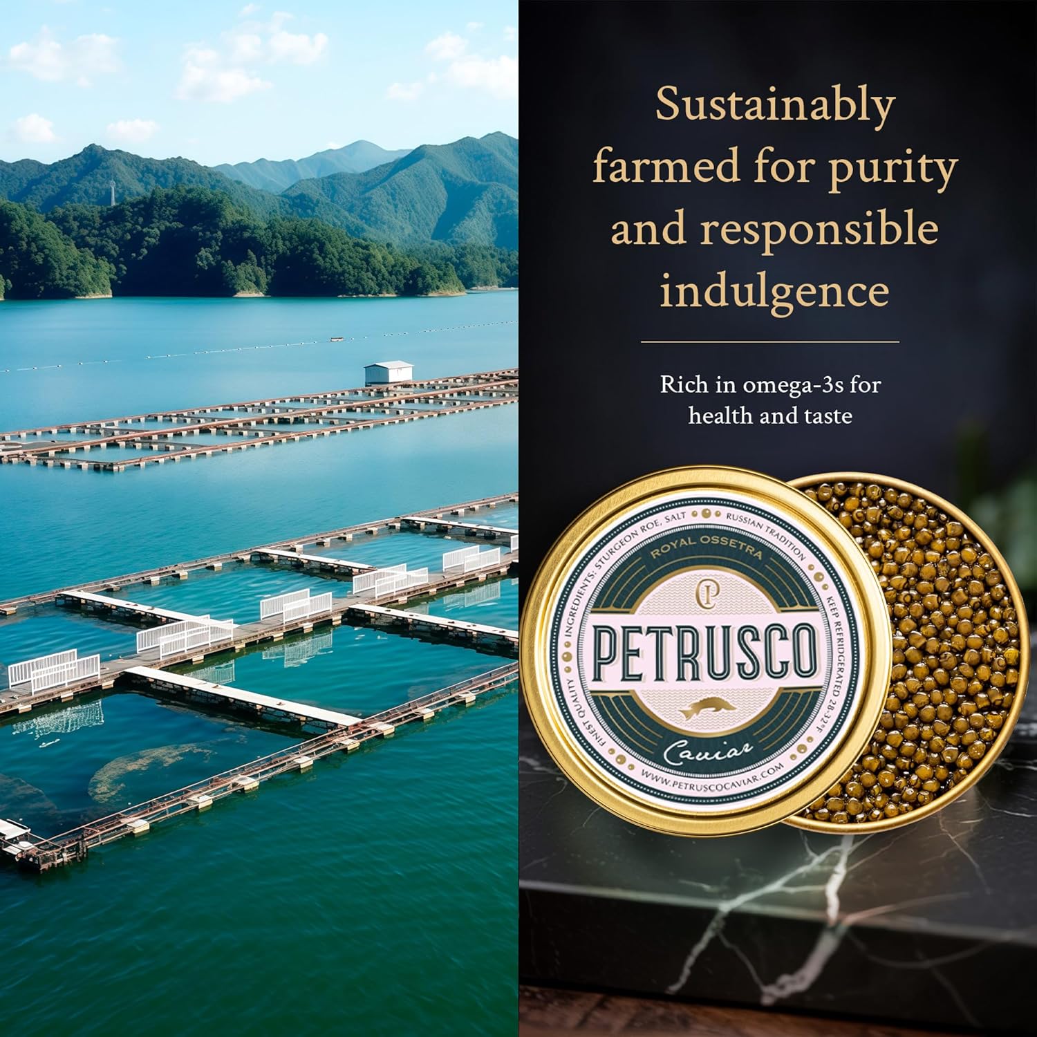 PETRUSCO Royal Ossetra - Delicious and Premium Black Caviar - Gourmet Seafood in a 1.7 Oz Metal Tin, Ossetra Caviar Sourced From Sturgeon Fish, Fine Dining Staple