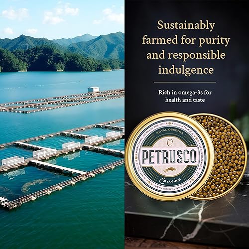 Vista 3 de PETRUSCO Royal Ossetra - Caviar negro delicioso y premium Mariscos gourmet en una lata de metal de 1.76 oz (1.7 onzas), caviar Ossetra procedente