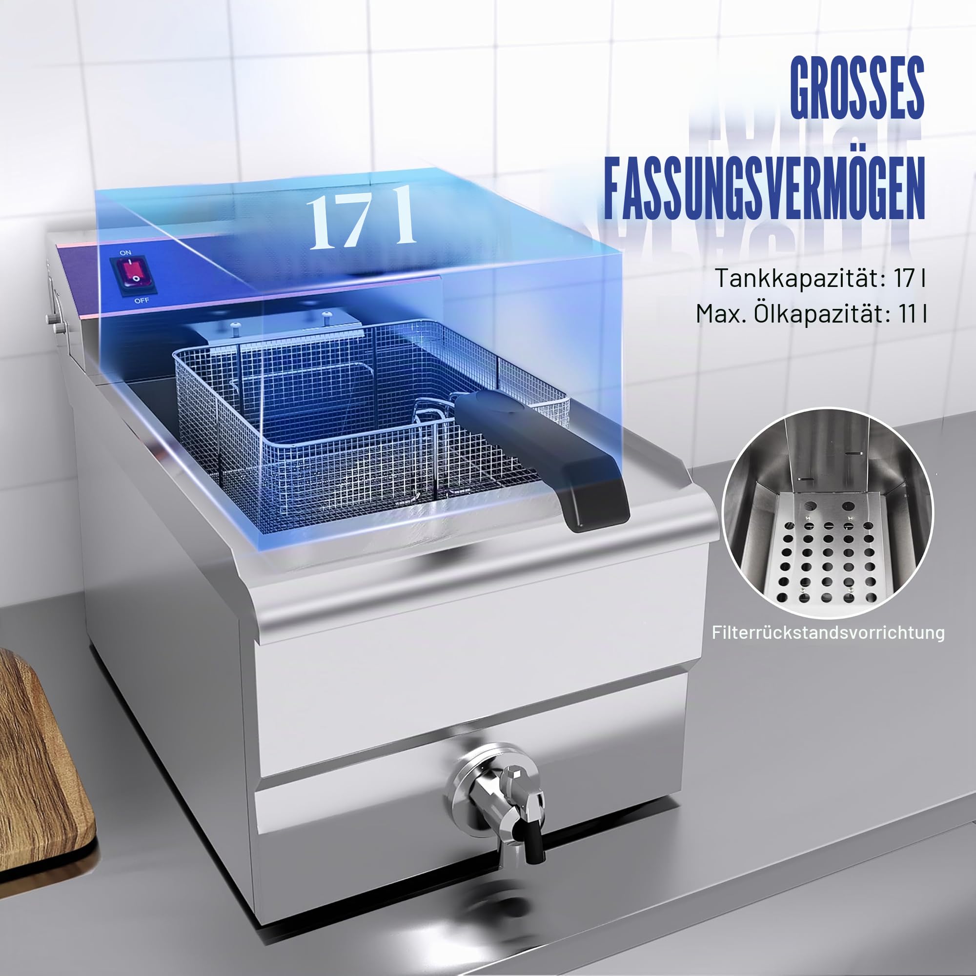 17L Elektrische Fritteuse Gastro Friteuse mit Ablasshahn | Professionelle Edelstahl Elektro Friteuse 3000W, Maximale Ölkapazität 11L, Thermostat 60–200 °C, für Küche, Restaurant