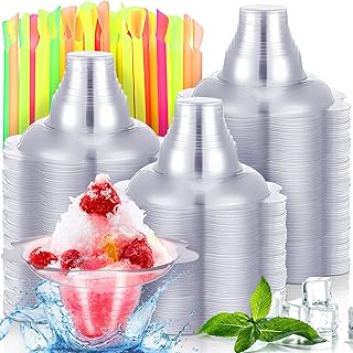 4 oz Snow Cone Cup with Straws Cute Reusable Flower Shaped Ice Cream Snacks Cup Plastic Leakproof Easy Hold Ice Bowl with Snow Cone Straws for Birthday Wedding Summer Picnic Holiday Party(100 Set)